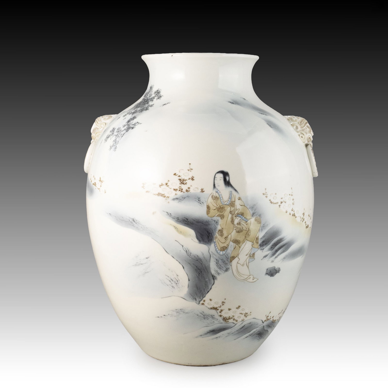 Large Vase by Kawamoto Masukichi: Decorated in underglaze enamels with an elegant landscape featuring a scholarly figure, and fitted with archaistic mask-and-ring handles.The broad-shouldered baluster body is finely painted with a tra
