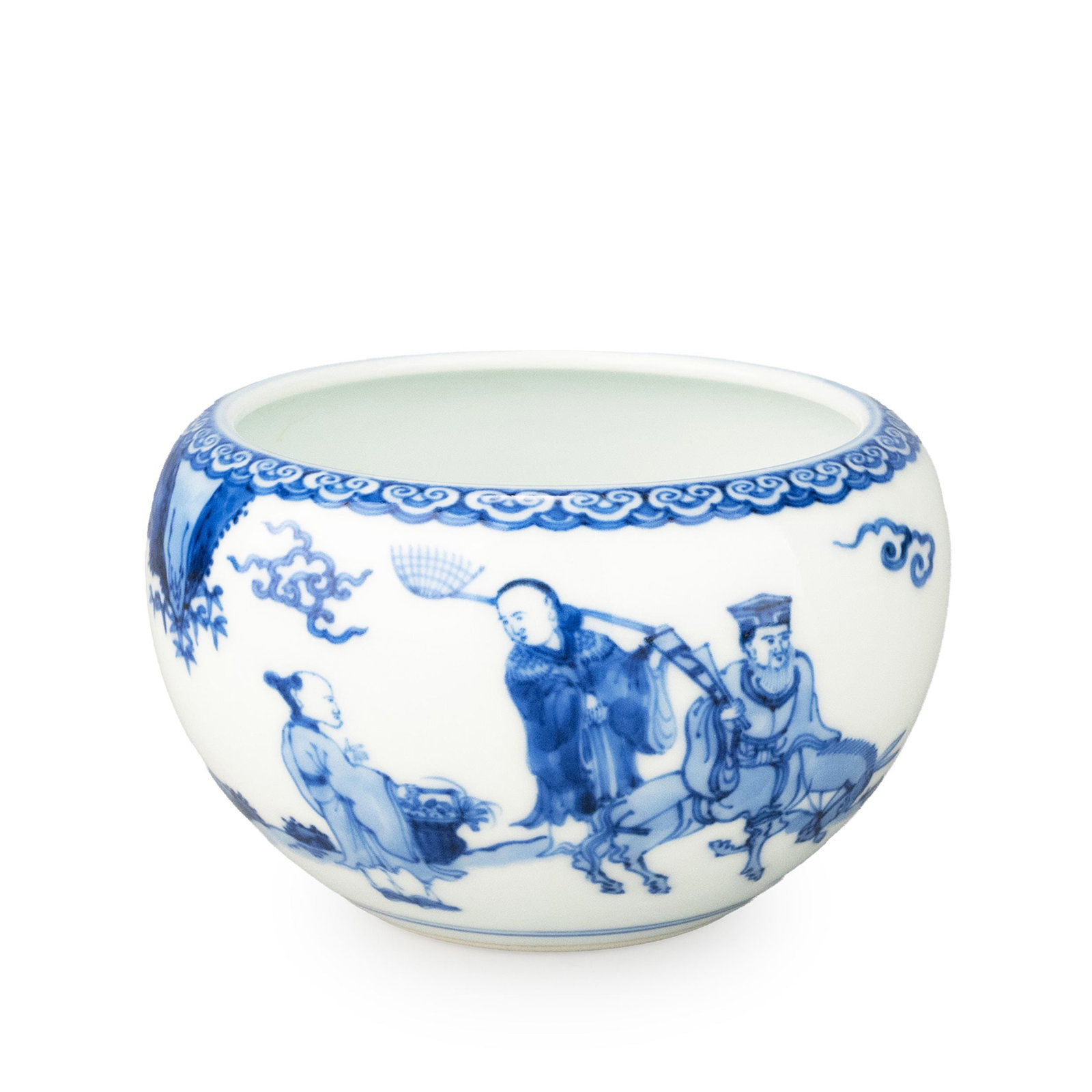 Water container by Miura Chikusen: Finely painted with a continuous scene of the Eight Immortals. The elegantly rounded body serves as a canvas for animated figures rendered in graceful brushwork, complemented by stylized clouds and pi