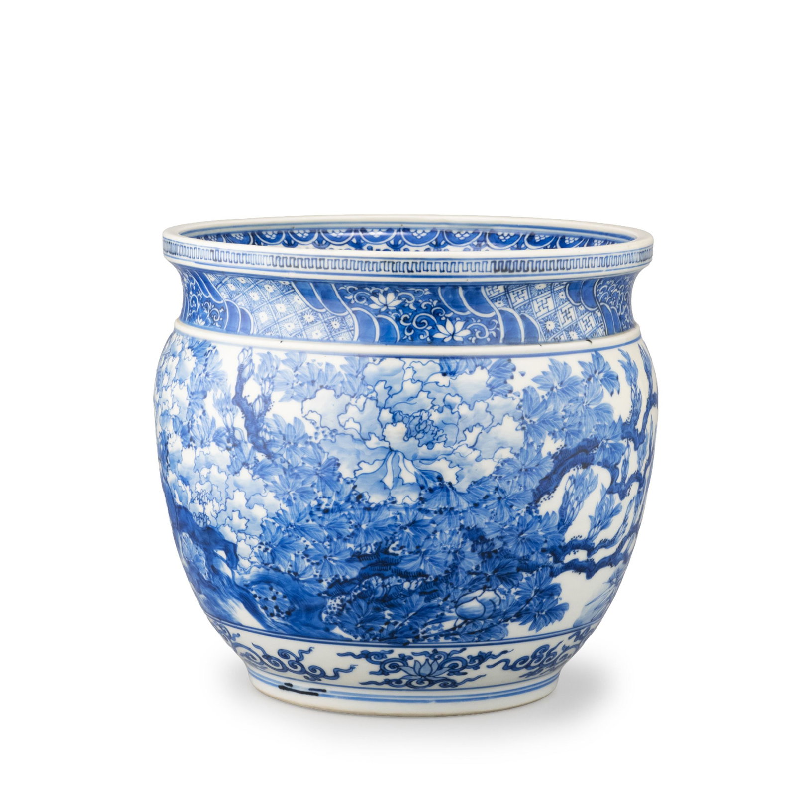 Vase by Yamamoto Hansuke, Exhibition Catalog: A magnificent blue and white Seto water jar by Yamamoto Hansuke, accompanied by an exhibition inscription. The generously proportioned vessel is decorated with flowering peonies, ancient tree branches