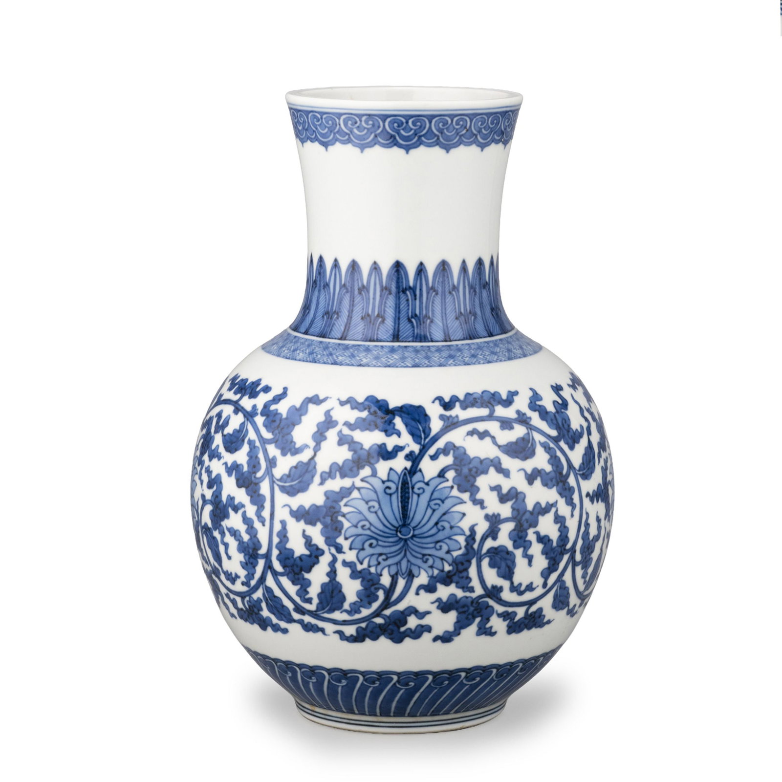 Vase by Daimaru Hokuho: A refined blue and white porcelain vase by Daimaru Hokuho, of elegant yuhuchun-inspired form with a gently flaring neck, rounded shoulder, and globular body rising from a neatly finished foot.The body