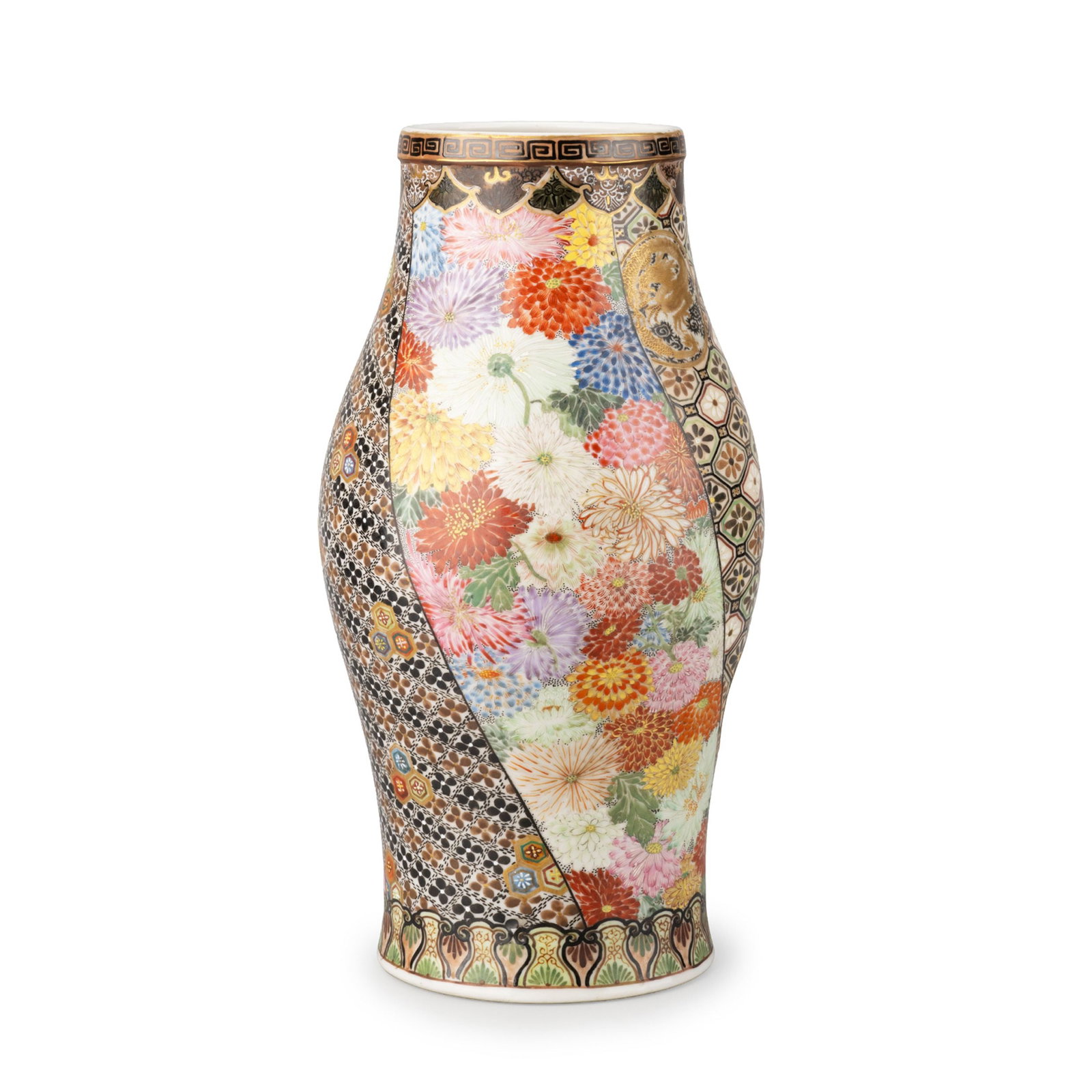 Vase by Kato Kanshiro: Featuring an elaborate composition of peonies, chrysanthemums, and other seasonal flowers set against richly ornamented brocade-style grounds.The elegant baluster-form body is divided by diagonal band