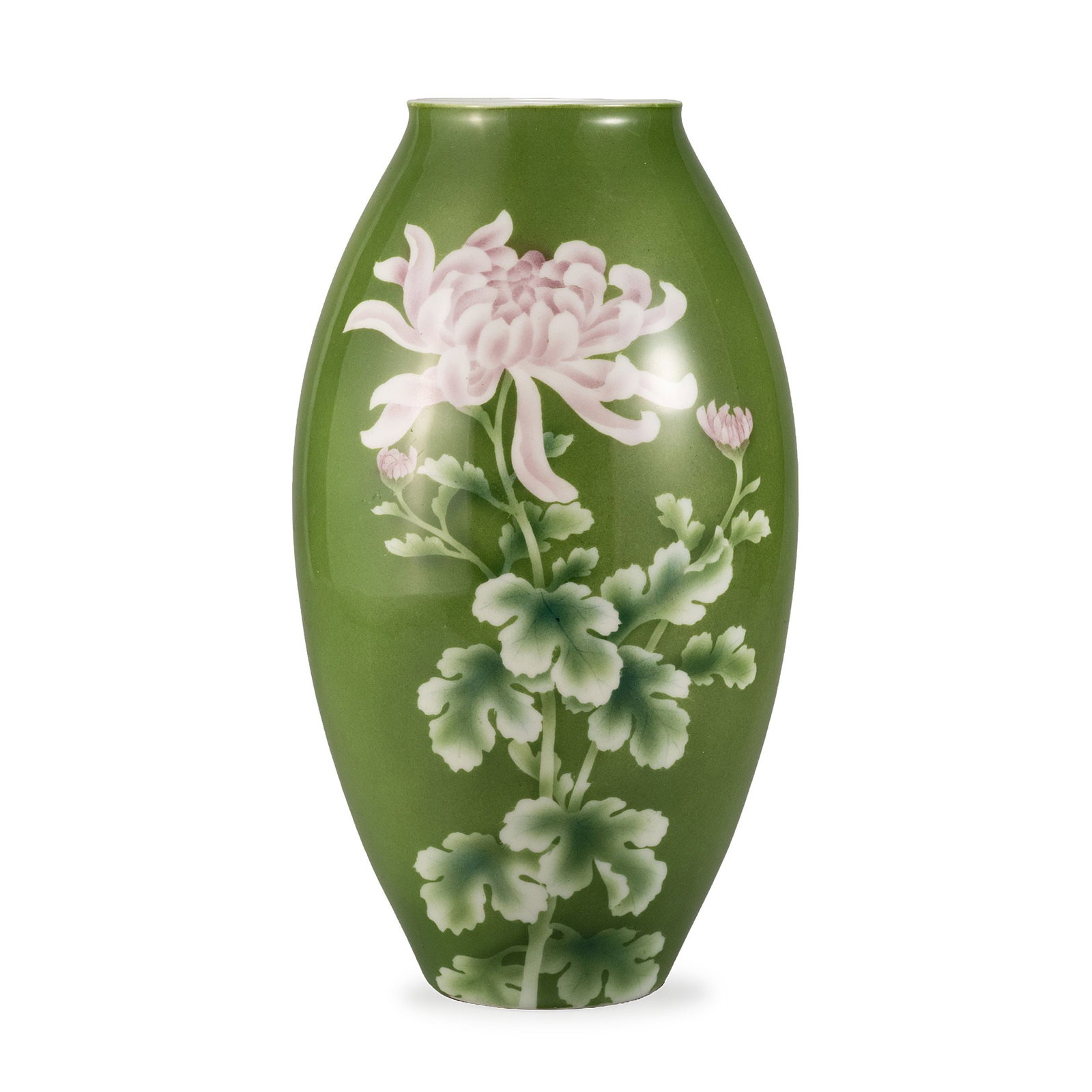 Vase by Mikiyama Denshichi: Decorated in underglaze enamels with a single blooming chrysanthemum against a rich emerald-green ground.The elegant ovoid body is covered in a lustrous monochrome green glaze, while the front is ador