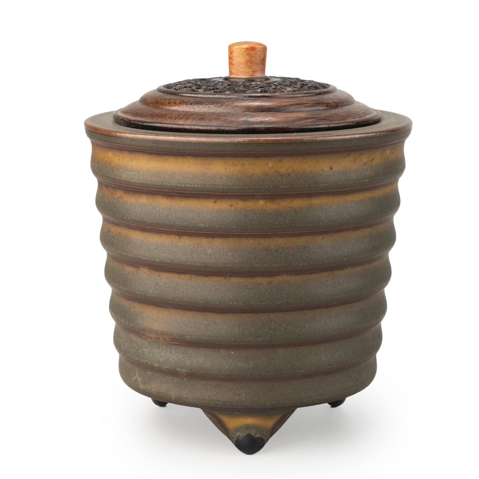 Incense Burner by Inoue Ryosai, Tomobako: This refined incense burner by Inoue Ryosai is distinguished by its cylindrical form articulated with evenly spaced horizontal ribs, creating the elegant "sendanmaki" effect that lends the vessel both