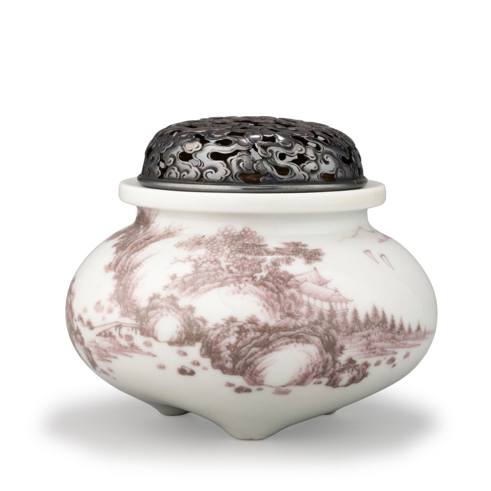 Incense Burner by Daimaru Hokuho, Tomobako: This elegant incense burner by Daimaru Hokuho features a graceful tripod form surmounted by an openwork metal cover. The harmonious combination of refined porcelain and finely pierced metalwork create