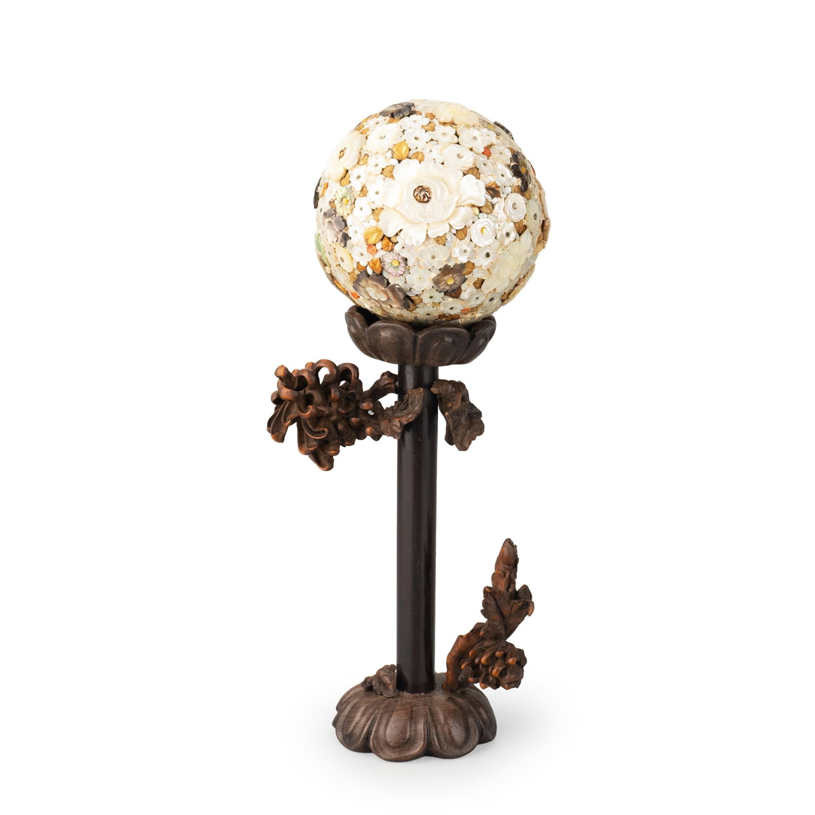 Shibayama Bead Figure: This decorative sphere is richly adorned with an all-over floral design executed in the Shibayama inlay technique. Peonies, roses, and a variety of seasonal blossoms are meticulously composed from she