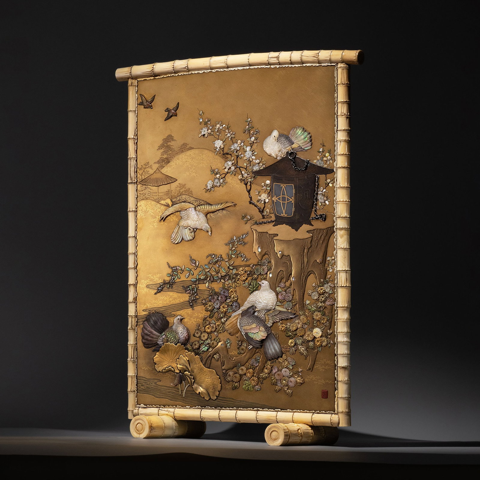 Maki-e Writing Screen by Masamitsu: This elegant table screen is enclosed within a bamboo-form frame and decorated on both sides with contrasting compositions, combining decorative richness with refined artistic taste. Originally intend