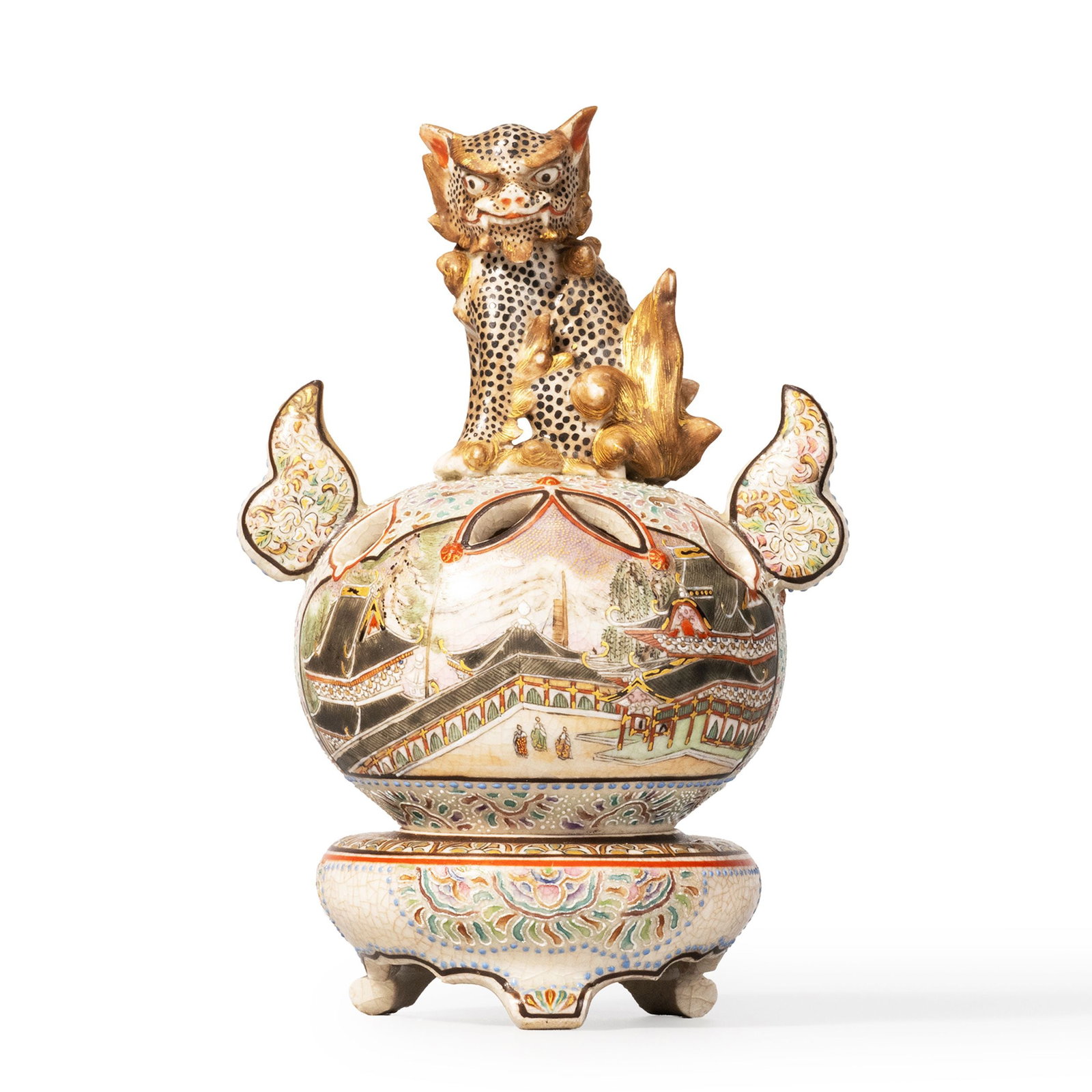 Handled Incense Burner by Naruse Seishi: This finely decorated Satsuma ware incense burner by Naruse Seishi features a globular body raised on three feet and lavishly ornamented with intricate polychrome enamels and gilt decoration. Continuo