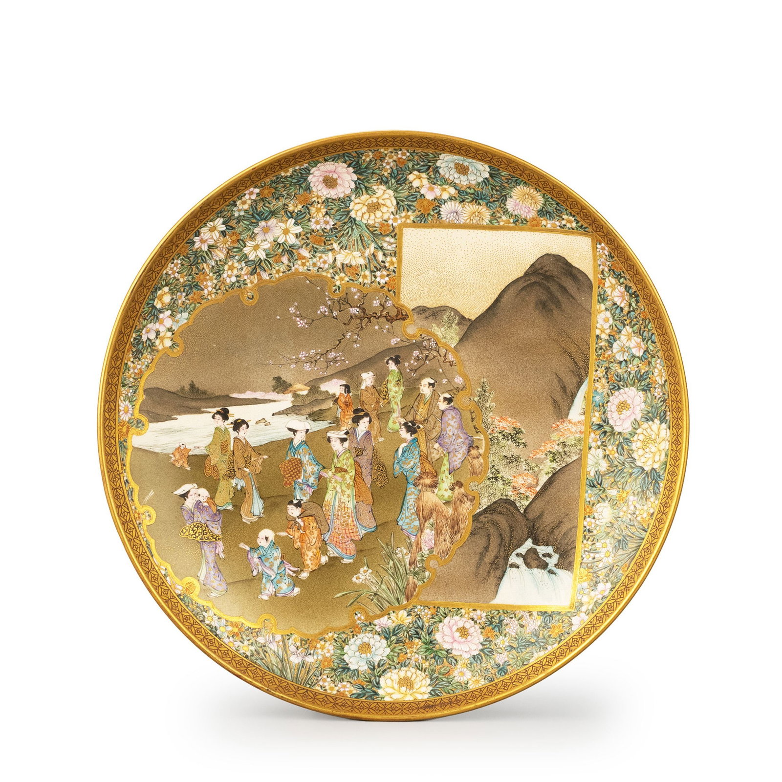 Plate by Kinkozan, with Appraisal by Kazuo Omori: Displays an exceptionally elaborate decorative composition combining figural painting, landscape imagery, and densely rendered floral ornamentation. Executed in finely detailed overglaze enamels and e