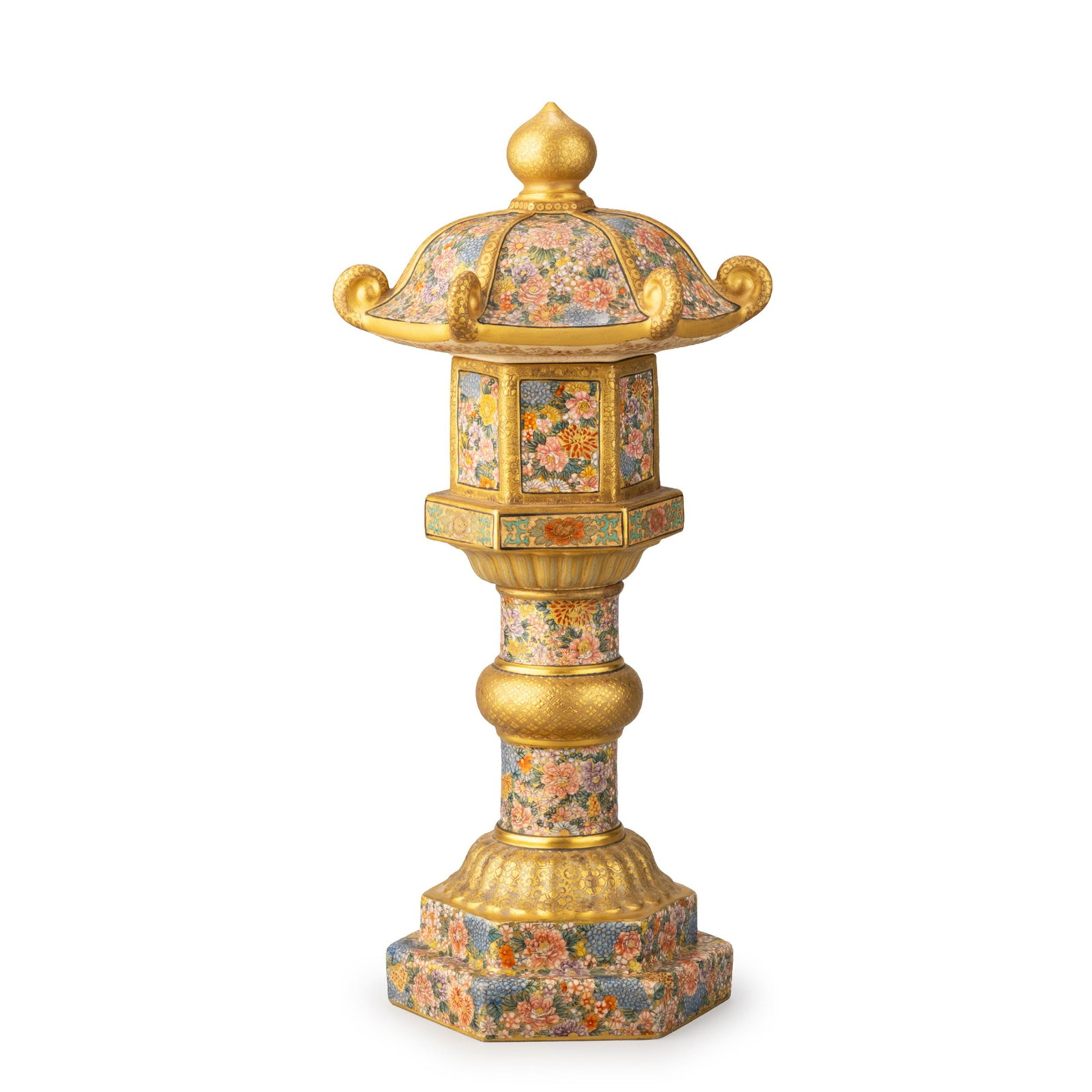 Satsuma Figure by Kinkozan: Produced by the celebrated Kyoto workshop Kinkozan during the Meiji period, fashioned in the form of a traditional Japanese stone lantern [toro] and lavishly decorated in the luxurious style for which