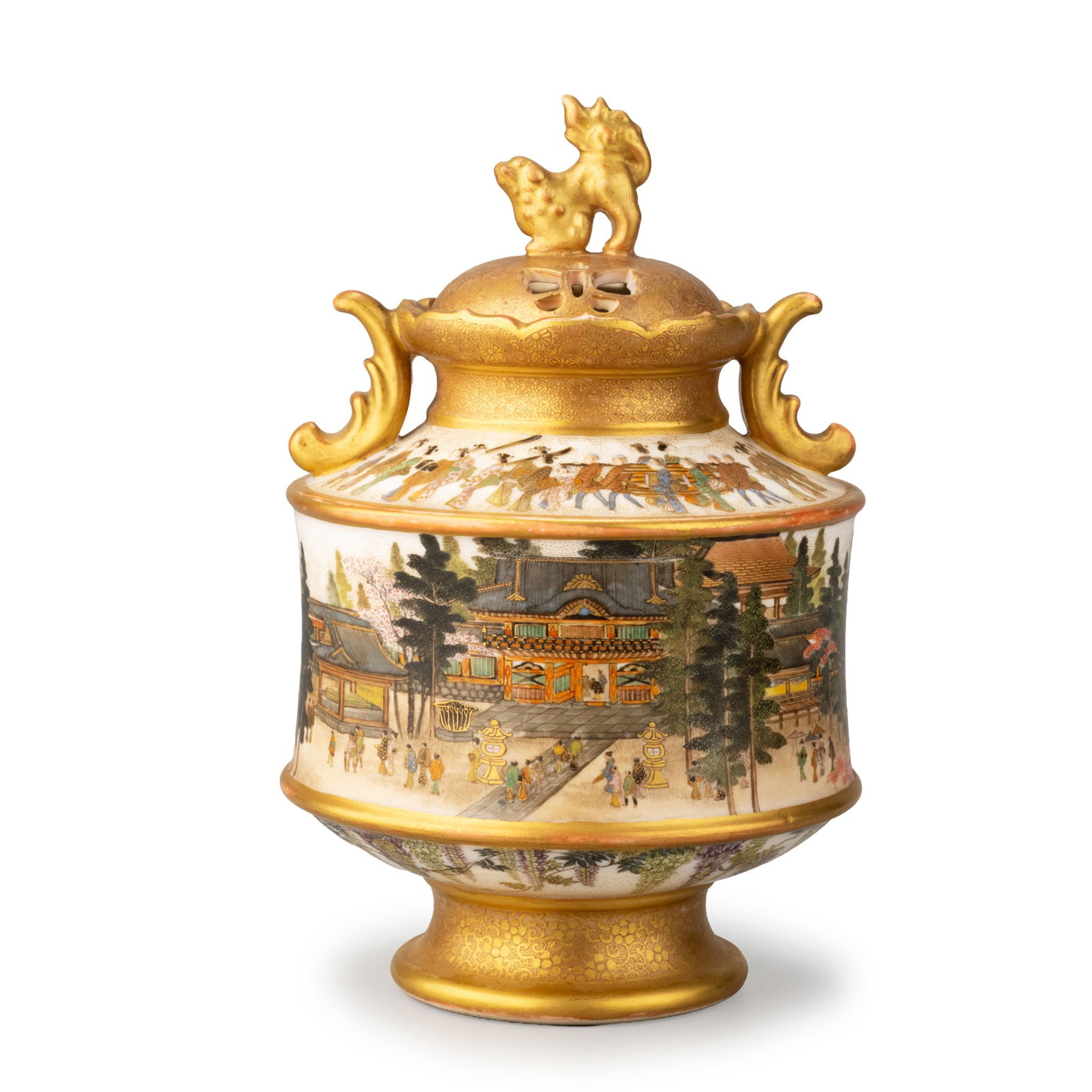 Satsuma Censer by Kinkozan: This refined Satsuma incense burner was produced by the renowned Kyoto workshop Kinkozan and decorated by the artist Fuzan, representing the exceptional artistic achievements of Kyoto Satsuma ware dur