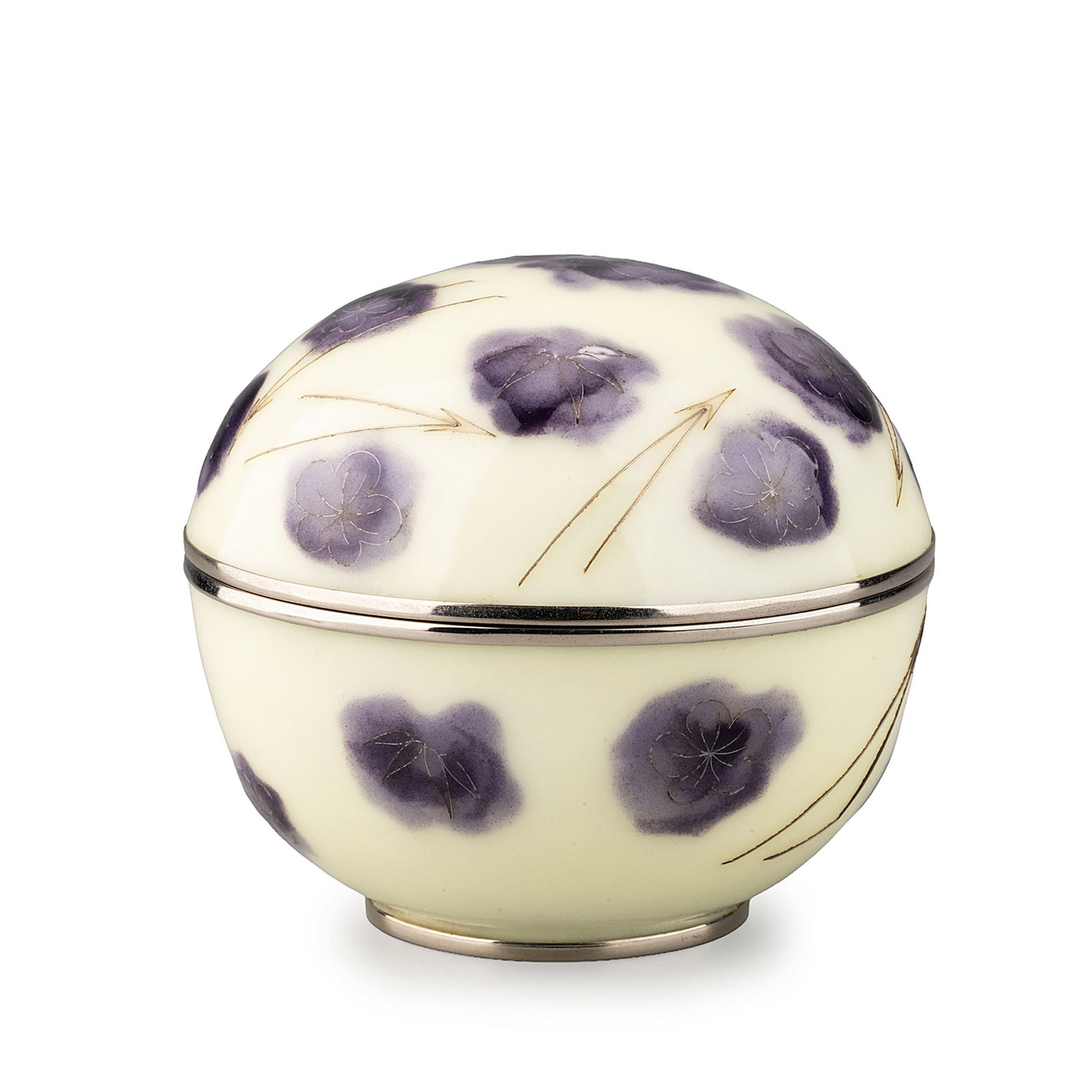 Covered Jar by Ando Cloisonne Co. Tomobako: This refined cloisonne covered jar by the renowned Ando Cloisonne Company [Ando Jubei Workshop] features a luminous yellow jade-colored [ogyoku] enamel ground adorned with elegant violet floral medall