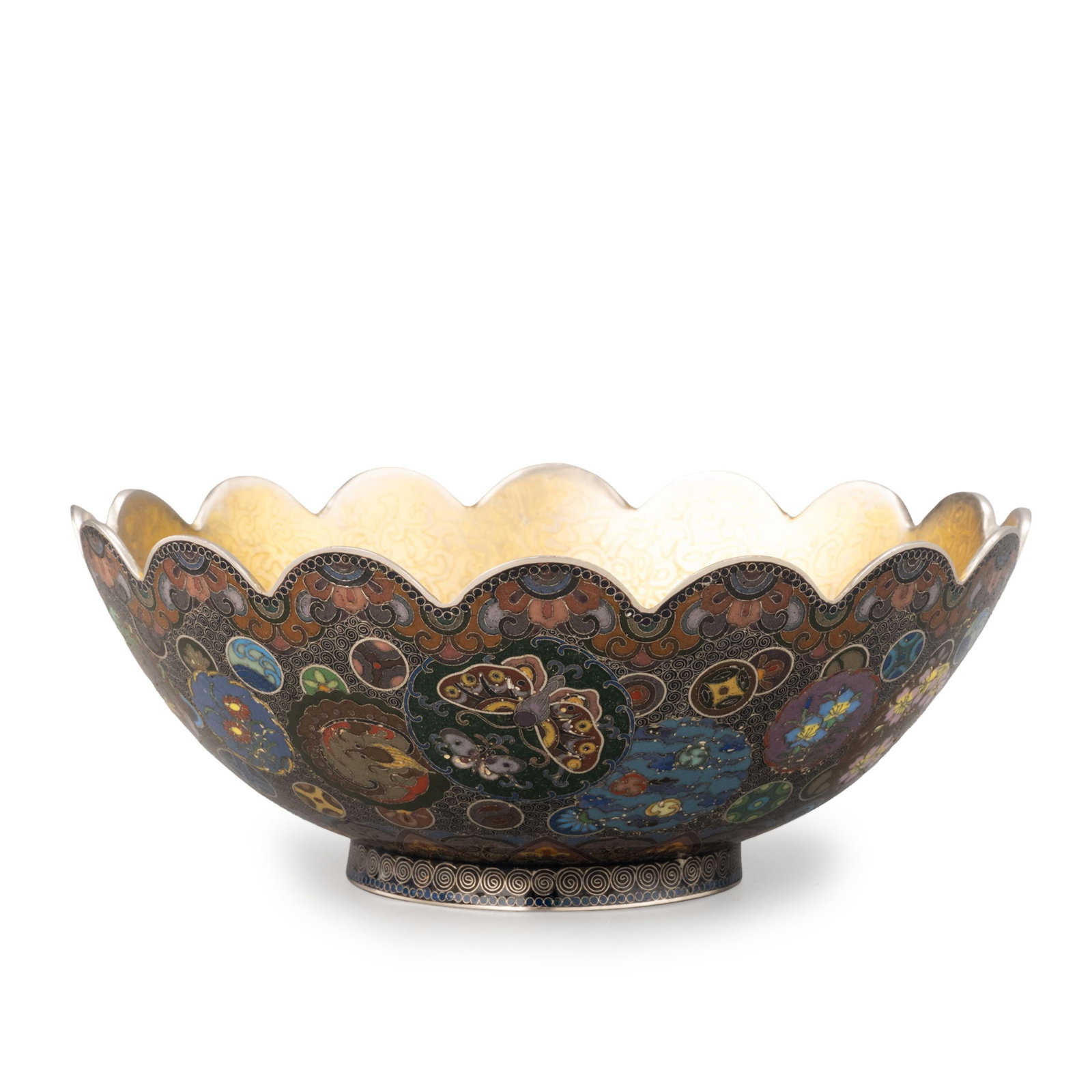 Cloisonne Lobed Bowl: A finely crafted Japanese cloisonne enamel bowl with an elegant scalloped rim and richly decorated exterior.The interior is finished in a warm gilt surface, while the exterior is lavishly ornamented w