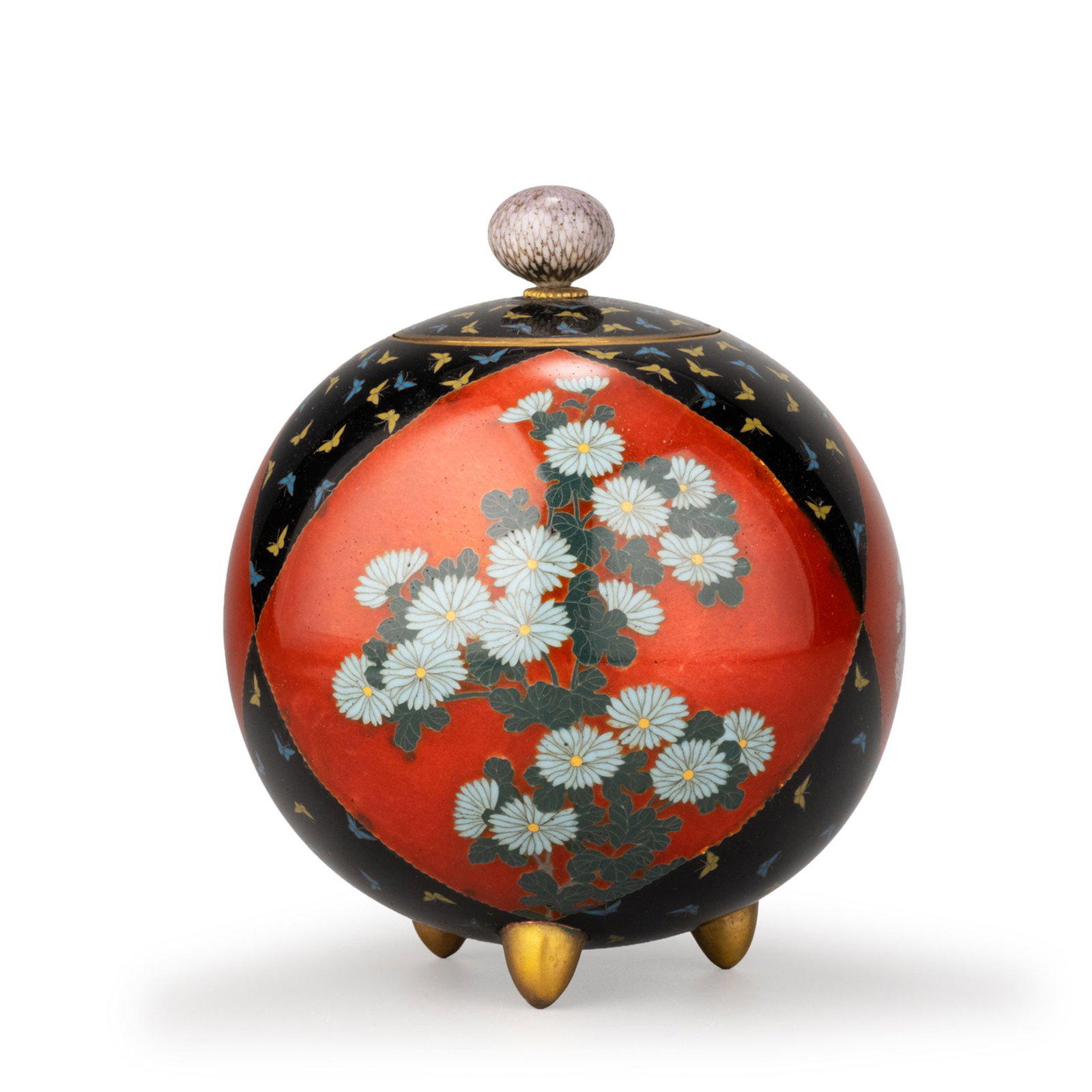 Cloisonne Tripod Censer: Raised on three gilt feet and fitted with a domed cover surmounted by a finely enamelled knop.The body is boldly divided into alternating panels of vibrant red and deep black enamel. The red panels ar