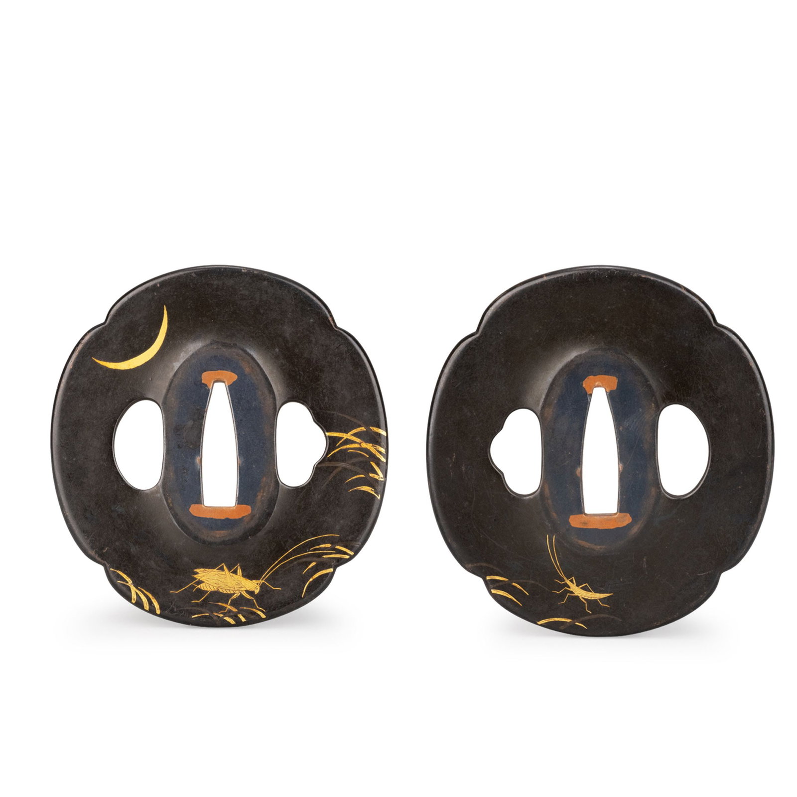 Gold-Inlaid Tsuba: A refined iron tsuba of mokko form, decorated with delicate gold inlay depicting a crescent moon, swaying autumn grasses, and a solitary insect. The restrained composition evokes the tranquil atmosphe