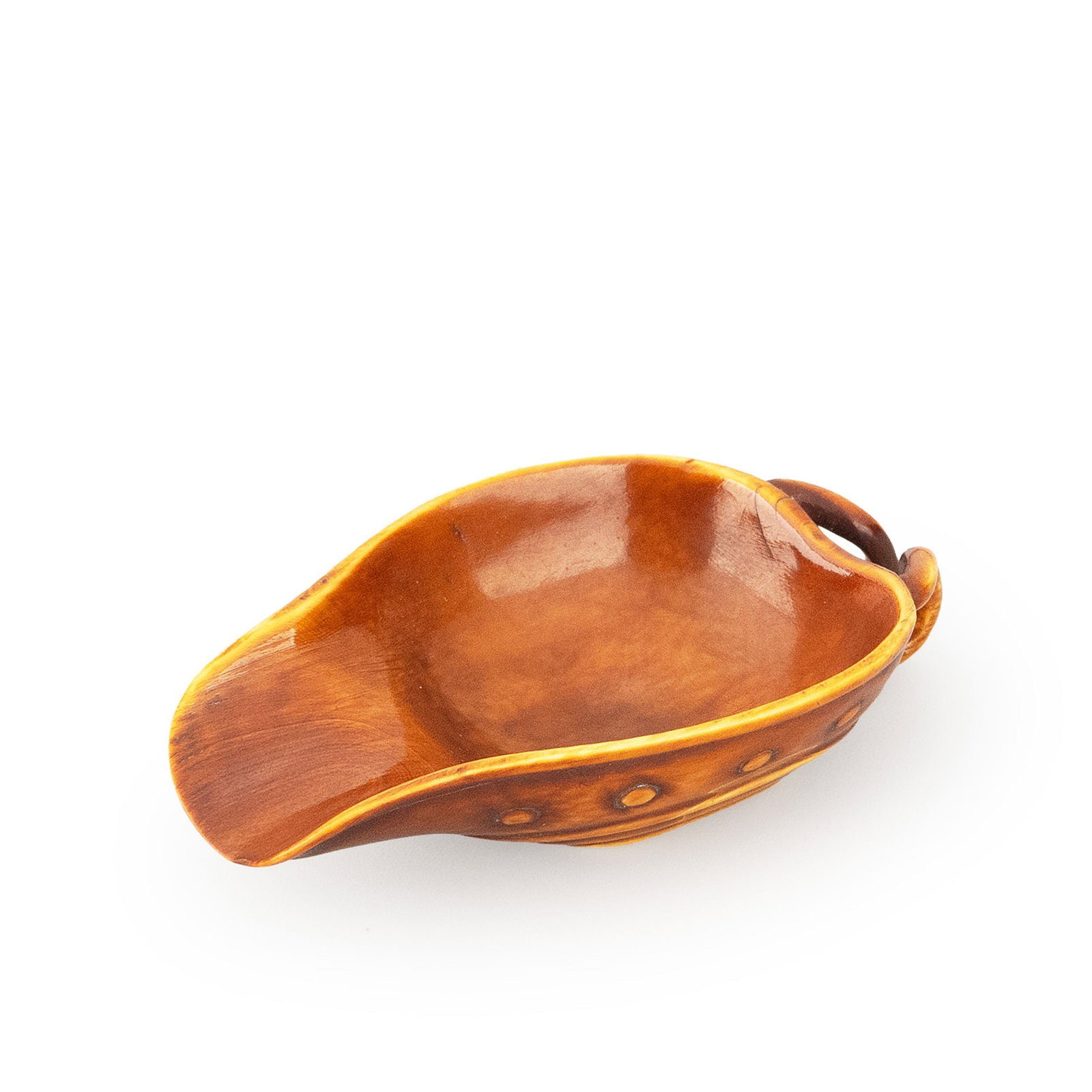 Small Tea Scoop: Featuring a gently curved, boat-like form with an integrated ring handle. The smooth interior contrasts elegantly with the subtly carved exterior, where a rhythmic band of circular motifs decorates th
