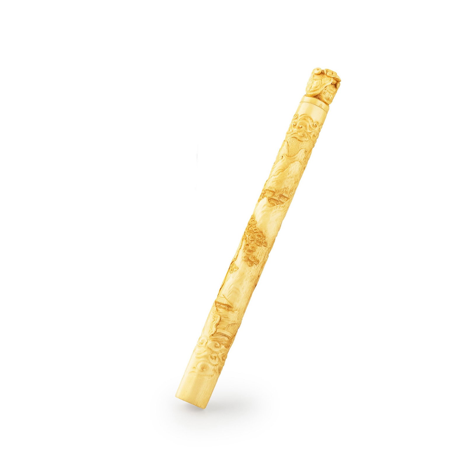 Incense tube by Kawashima Etsugyoku,box: Fashioned from finely grained wood with a warm natural tone. The cylindrical body is delicately rendered in low relief with an idyllic mountain-and-water landscape, depicting layered peaks, drifting c