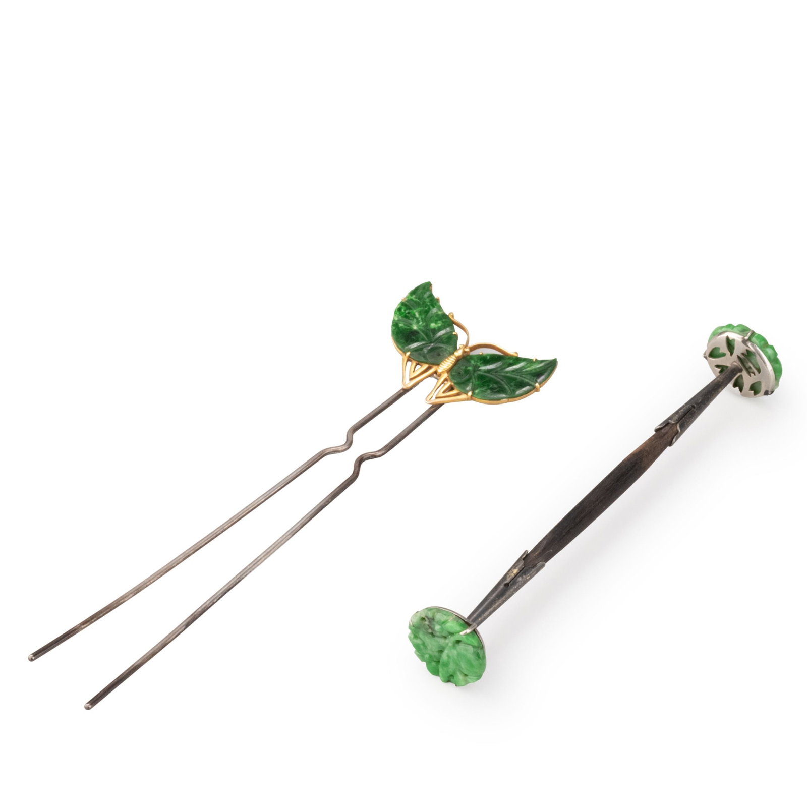 Two Jadeite-Inlaid Hairpins: Dimensions vary