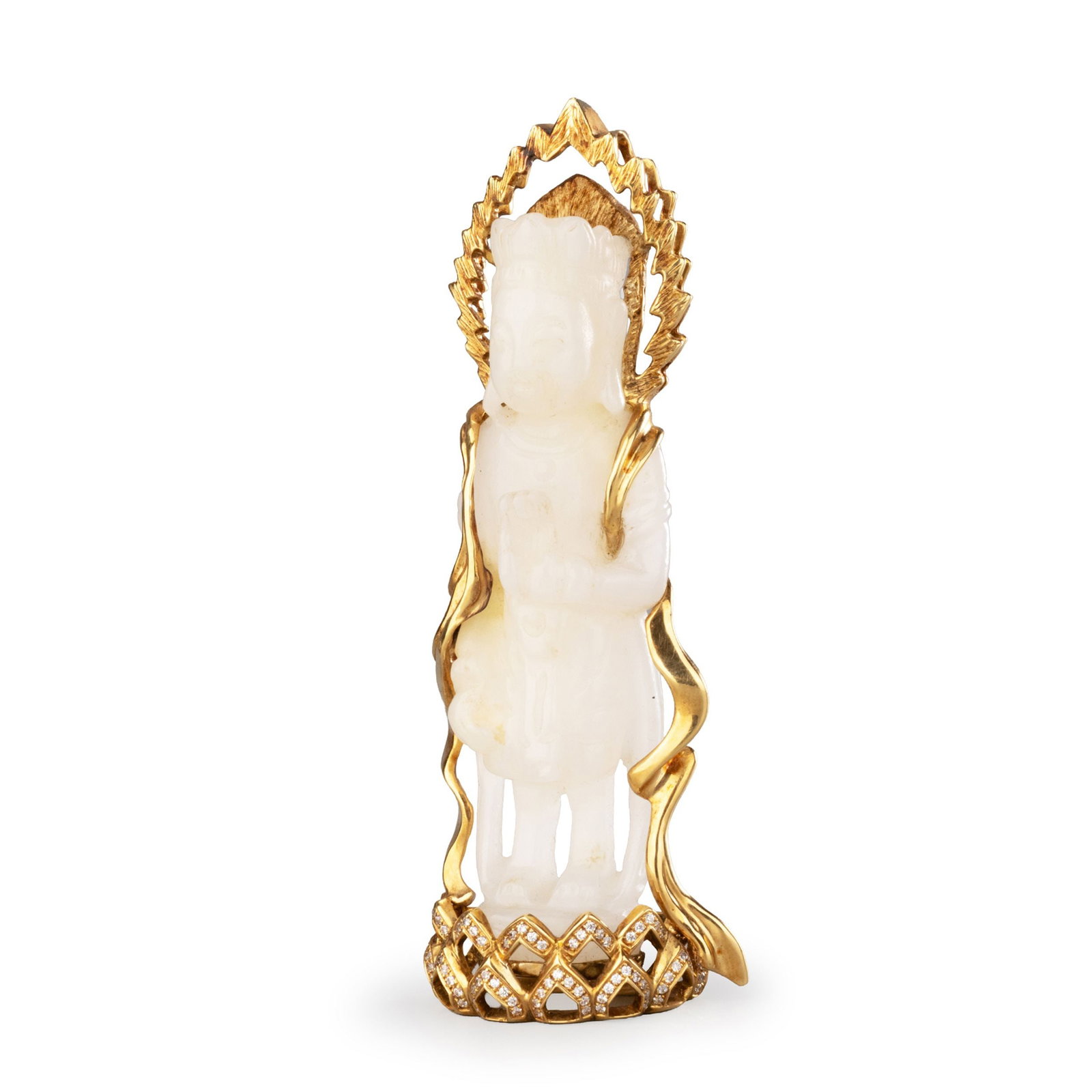 Jade Buddha Figure, K18 Certificate: This finely carved jade figure depicts a serene standing Buddhist image, distinguished by its tranquil expression and graceful proportions. The smooth modeling and restrained drapery reflect the refin