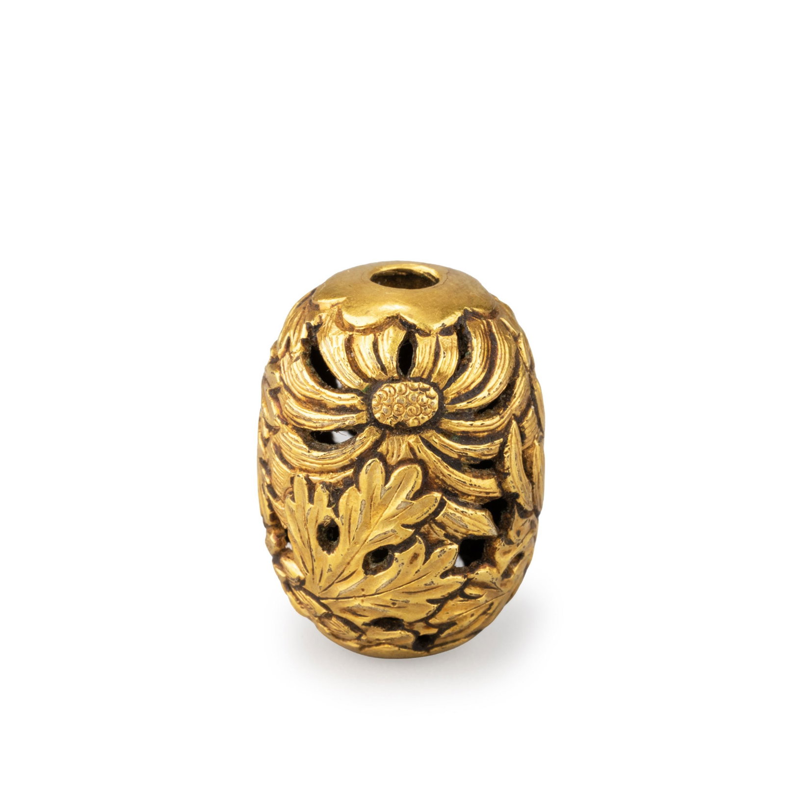 Gilt Chrysanthemum Ojime Bead: Decorated with an elaborate openwork chrysanthemum motif in high relief.The surface is densely ornamented with blooming chrysanthemum flowers and curling foliage, rendered with remarkable detail despi