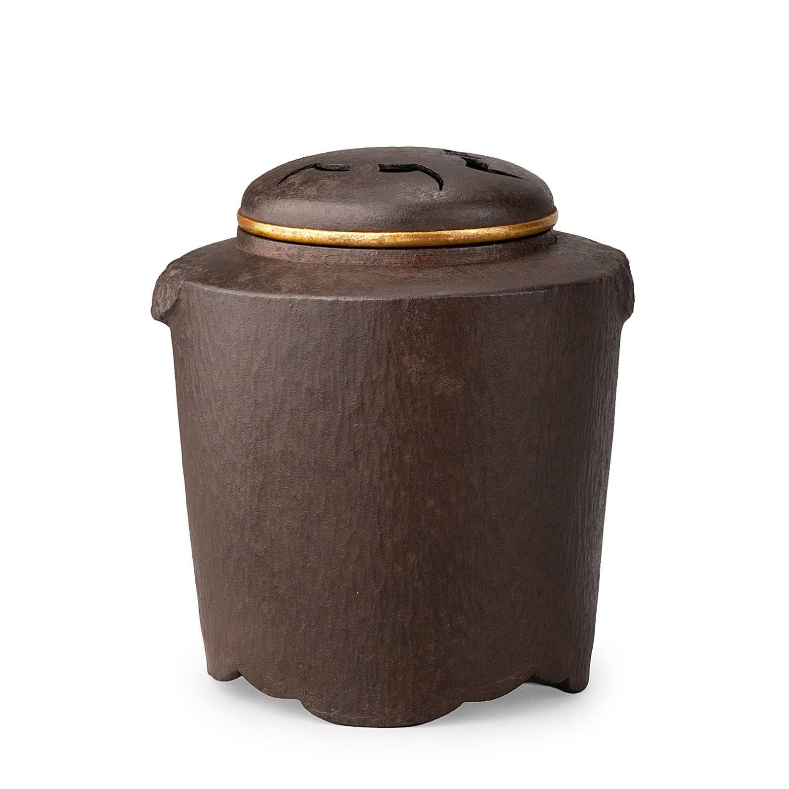 Hammered Iron Censer by Ryosho: An iron incense burner signed Ryosho, formed from hammered iron with a simple cylindrical body displaying a refined yet robust character. The hand-worked surface retains subtle hammer marks and has de