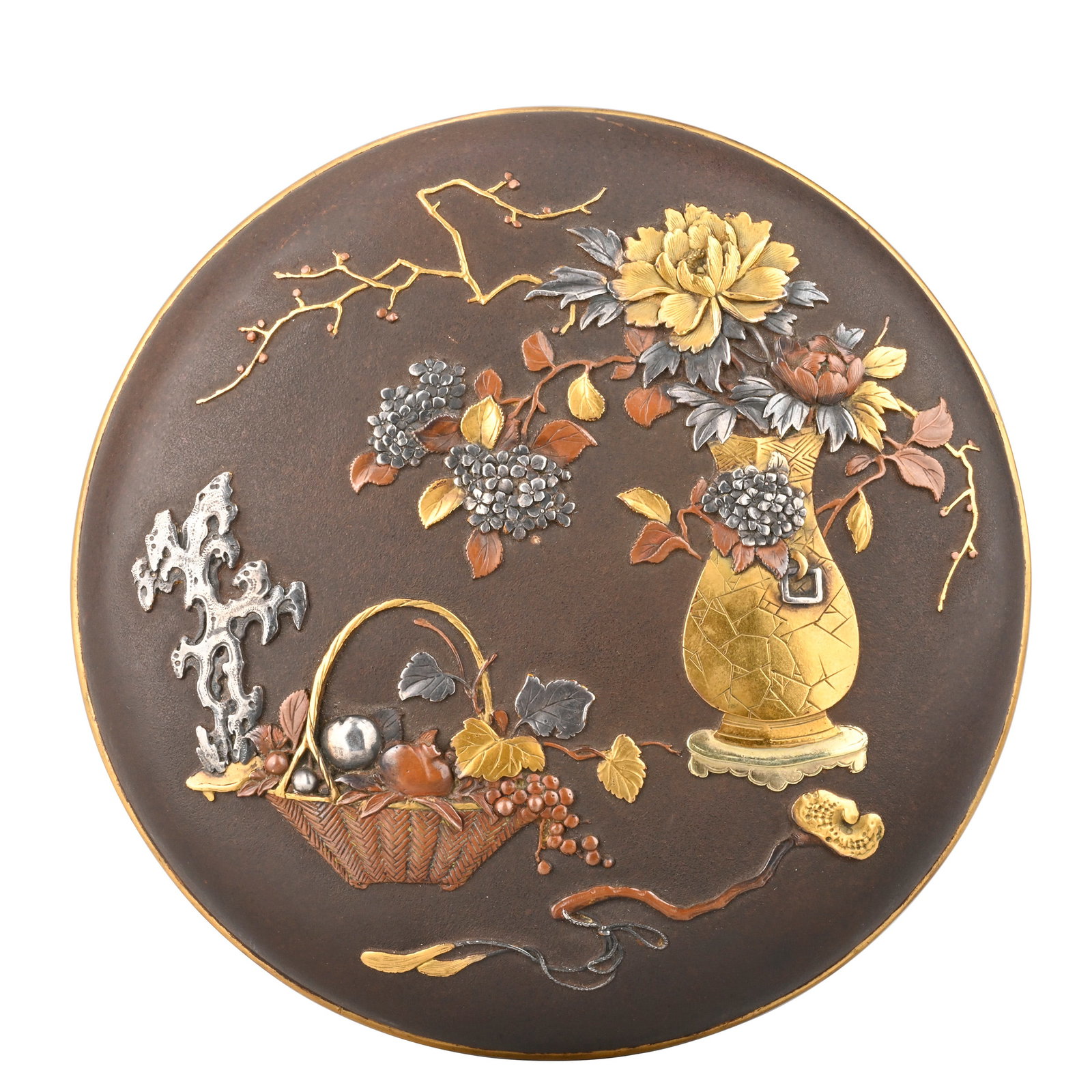Incense Box by Inoue, Saikyo, Dai Nippon: Richly decorated with gold and silver inlay depicting an elegant arrangement of scholar's objects. A bronze-style vase filled with seasonal blossoms, ornamental rocks, a woven basket of auspicious fru