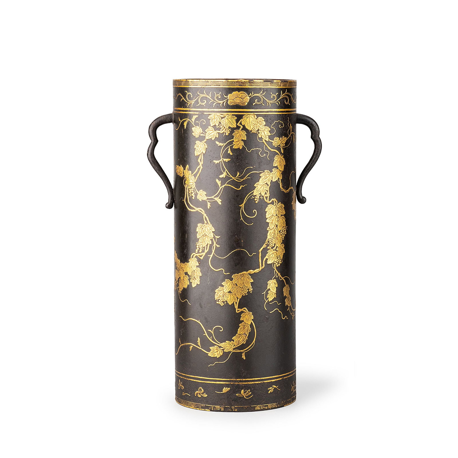 Iron Vase with Gold Inlay by Kunifusa: An elegant iron vase by Kunifusa of Satsuma Kiridoshi, decorated with finely executed gold inlay depicting luxuriant grapevines with scrolling tendrils, broad leaves, and hanging clusters of fruit. Th