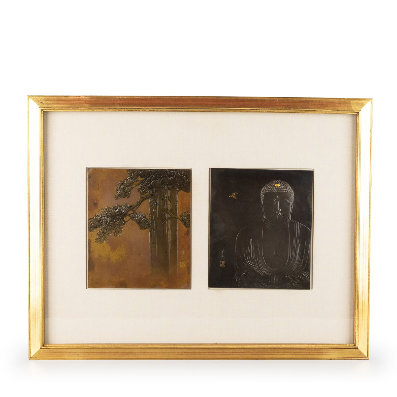 Gold-Inlaid Framed Panel, Signed: Height: 50cm Length: 65.2cm