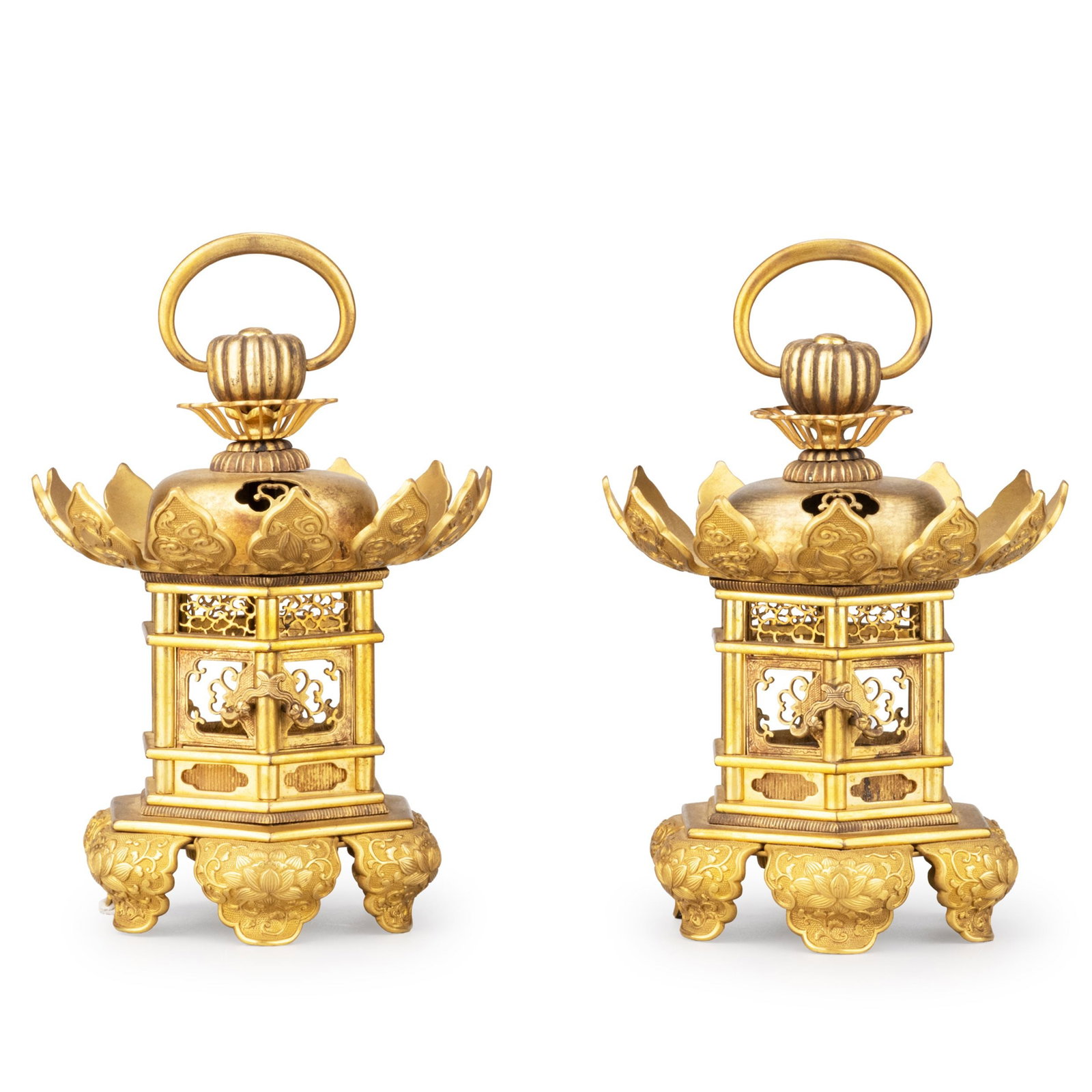 Pair of Bronze Hanging Lanterns: Height: 14.5cm Diameter: 10.1cm