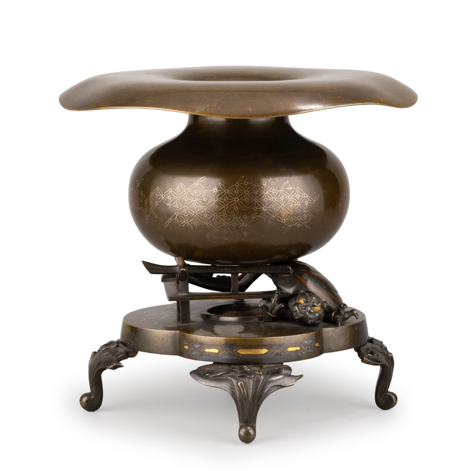 Gold and Silver-Inlaid Bronze Vase: This elegant bronze flower vessel exemplifies the refined artistry of Japanese metalwork from the Meiji period. The softly patinated bronze body is decorated with delicate gold and silver inlaid geome