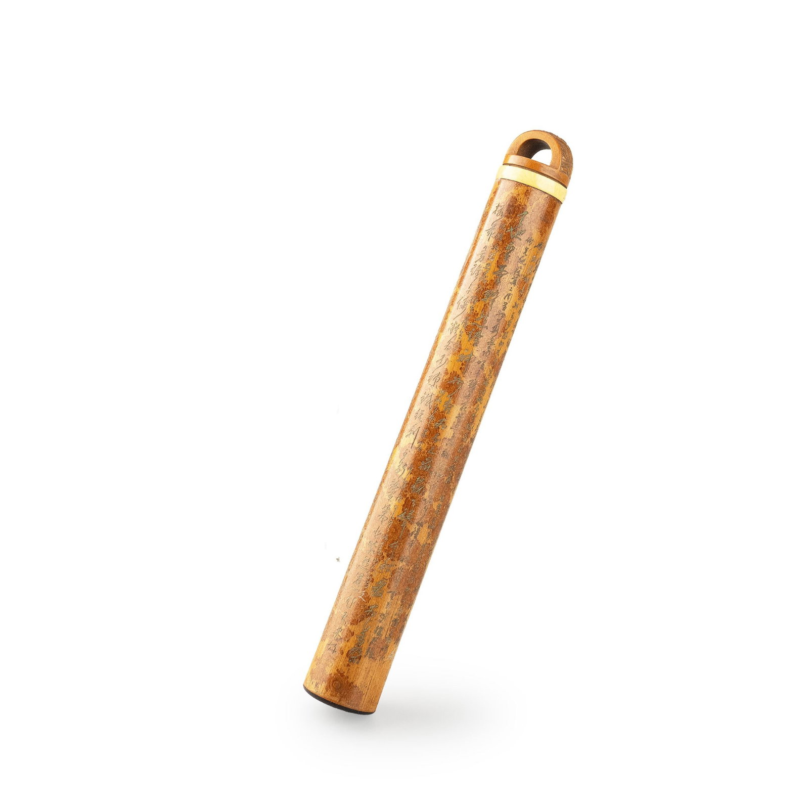 Bamboo Incense Tube by Chikusai: Crafted by Shosai from Xiangfei bamboo, fitted with a lid by Sotai. The naturally mottled bamboo is finely engraved with a lengthy Chinese poem, its flowing calligraphy harmonizing beautifully with th