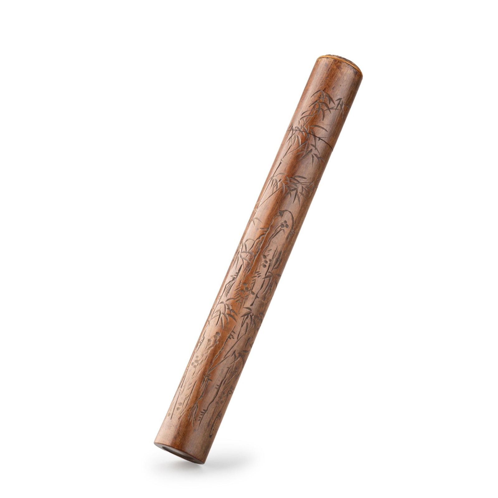 Huanghuali Incense Holder: Crafted from huanghuali wood, this cylindrical incense tube is finely carved with bamboo motifs and inscriptions of classical Chinese verse, reflecting the refined aesthetics of the scholar's studio.B