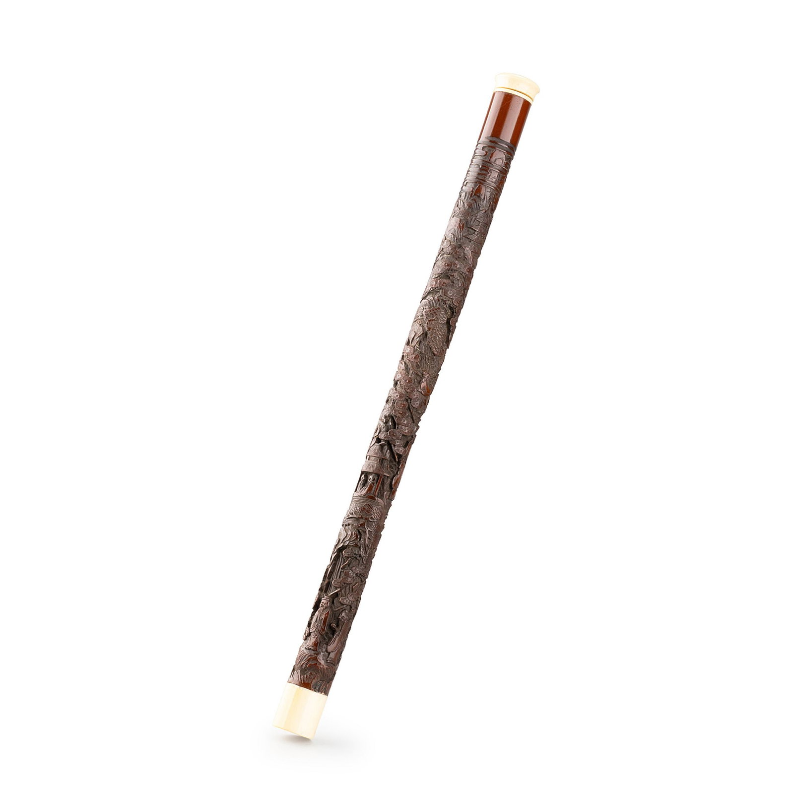 Carved Incense Tube with Figures: This finely carved incense tube is fashioned from dark-toned wood and richly decorated in high relief and openwork with continuous scenes of scholars, pavilions, pine trees, rock formations, and mount