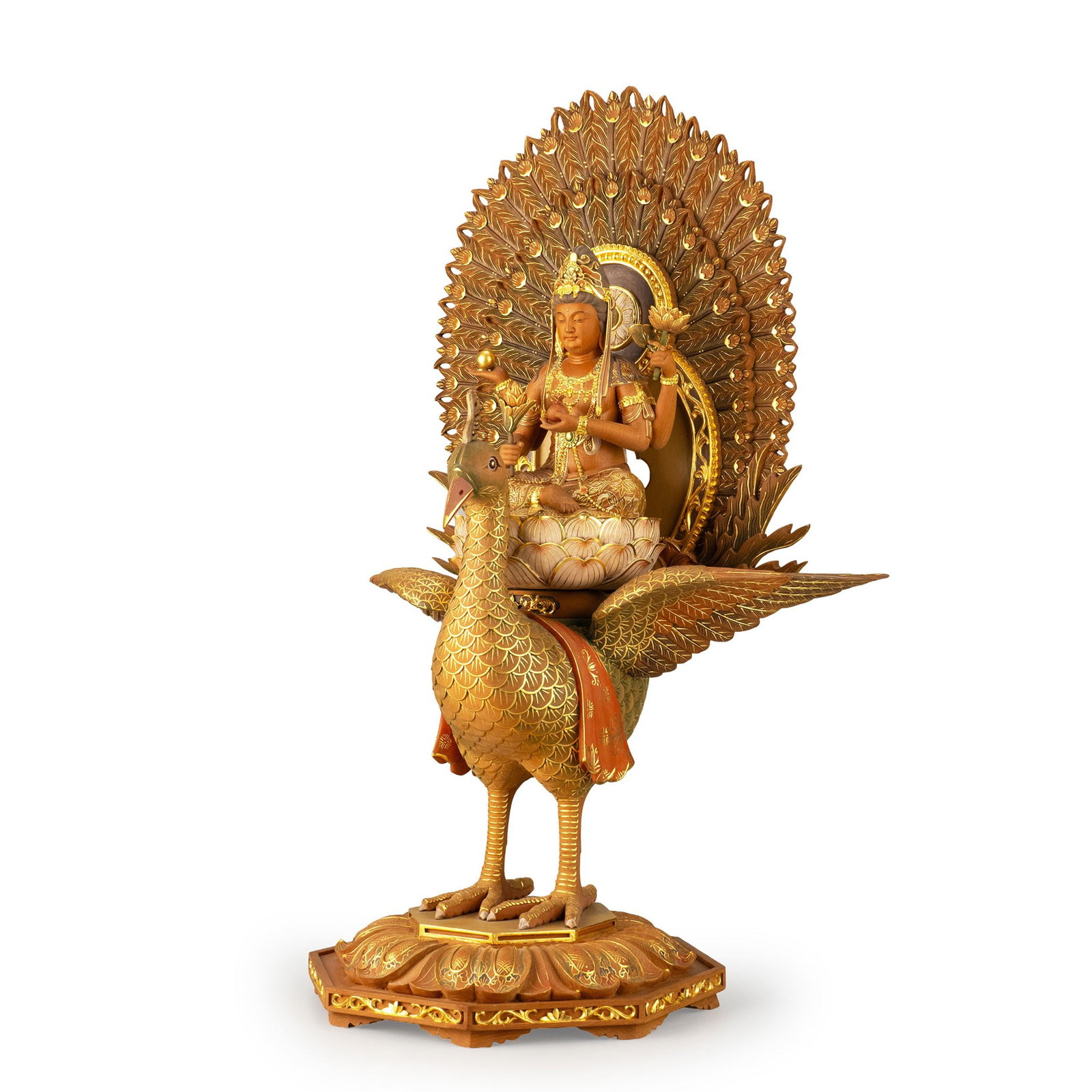 Wood Figure of Kujaku Myoo: A finely carved wooden figure depicting Kujaku Myoo [Peacock Wisdom King], one of the most revered esoteric Buddhist deities associated with protection, purification, and the removal of calamities.The