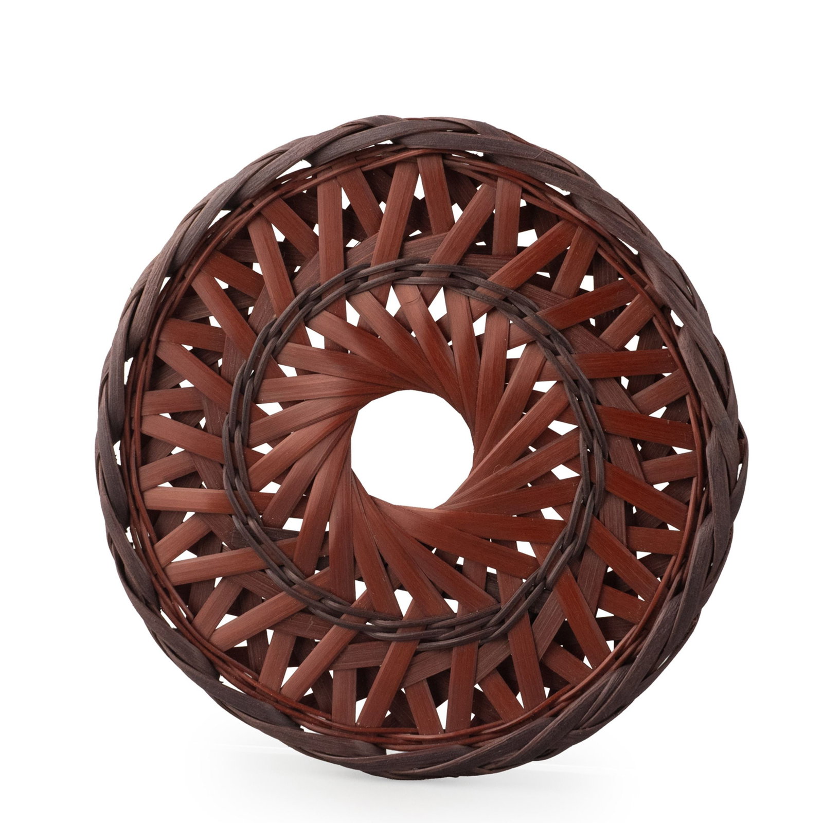Vase Stand by Hayakawa Shokosai V, Tomobako: This refined bamboo flower stand is executed in an elegant openwork circular form, composed of precisely interwoven bamboo strips that radiate in a continuous spiral toward the central aperture. The r