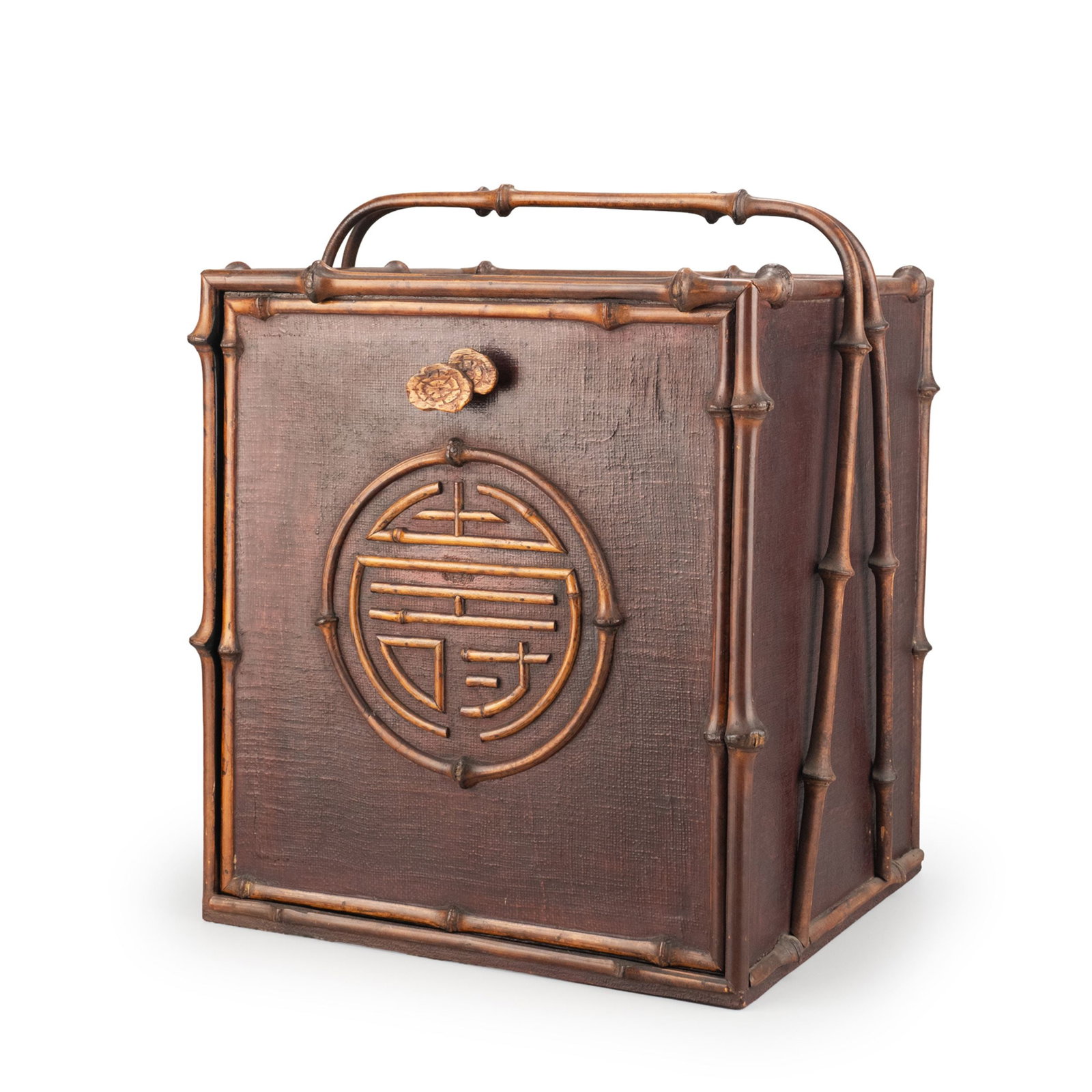 Bamboo Tea Utensil Box: Executed in a square form with an elegant simulated bamboo framework. The corners, rails, and arched carrying handle are all fashioned in naturalistic bamboo sections, creating a harmonious and restra