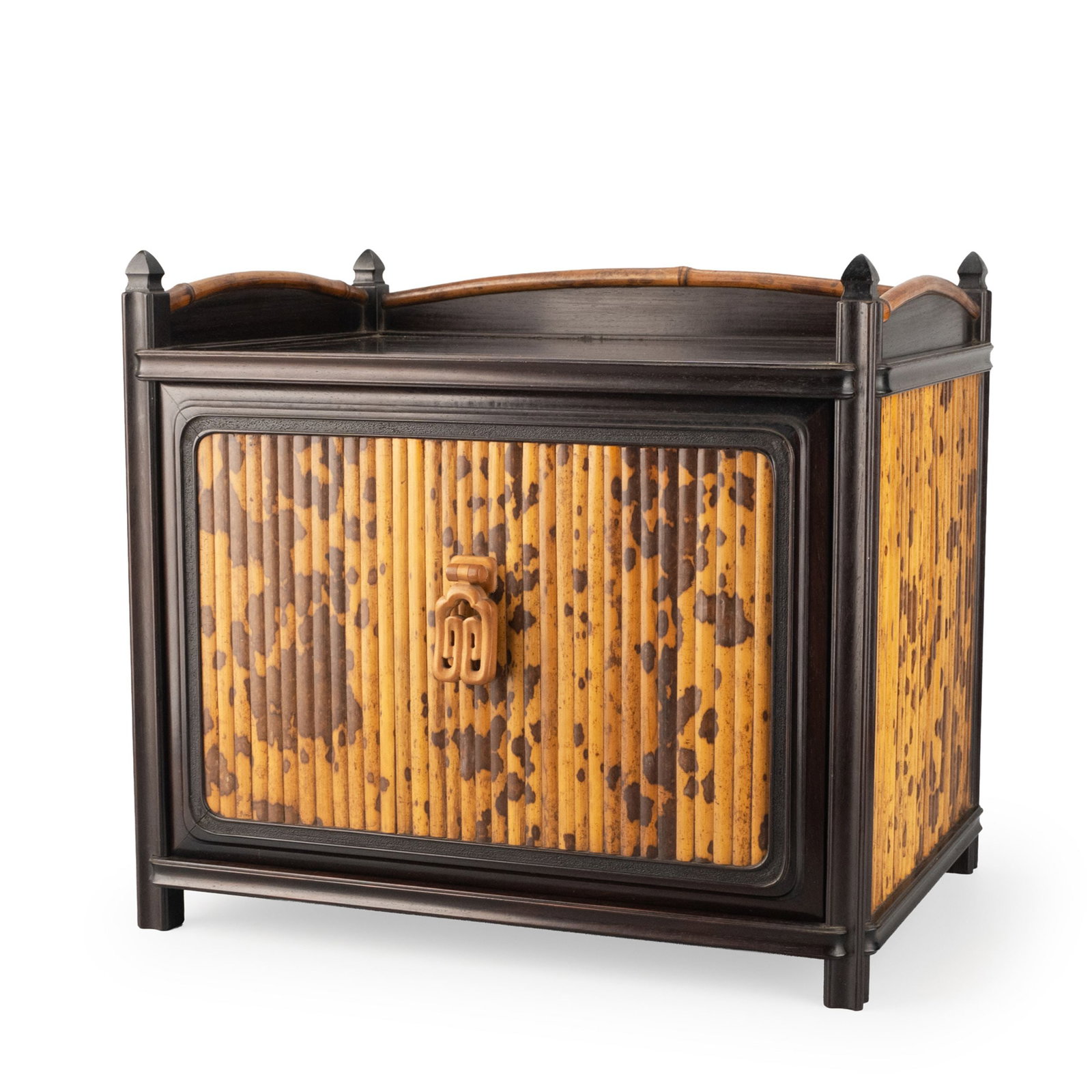 Wooden Cabinet Inlaid with Xiangfei Bamboo: This elegant cabinet combines a finely crafted hardwood frame with inset panels of Xiangfei bamboo, prized for its naturally mottled surface resembling tear-stained bamboo. The striking contrast betwe
