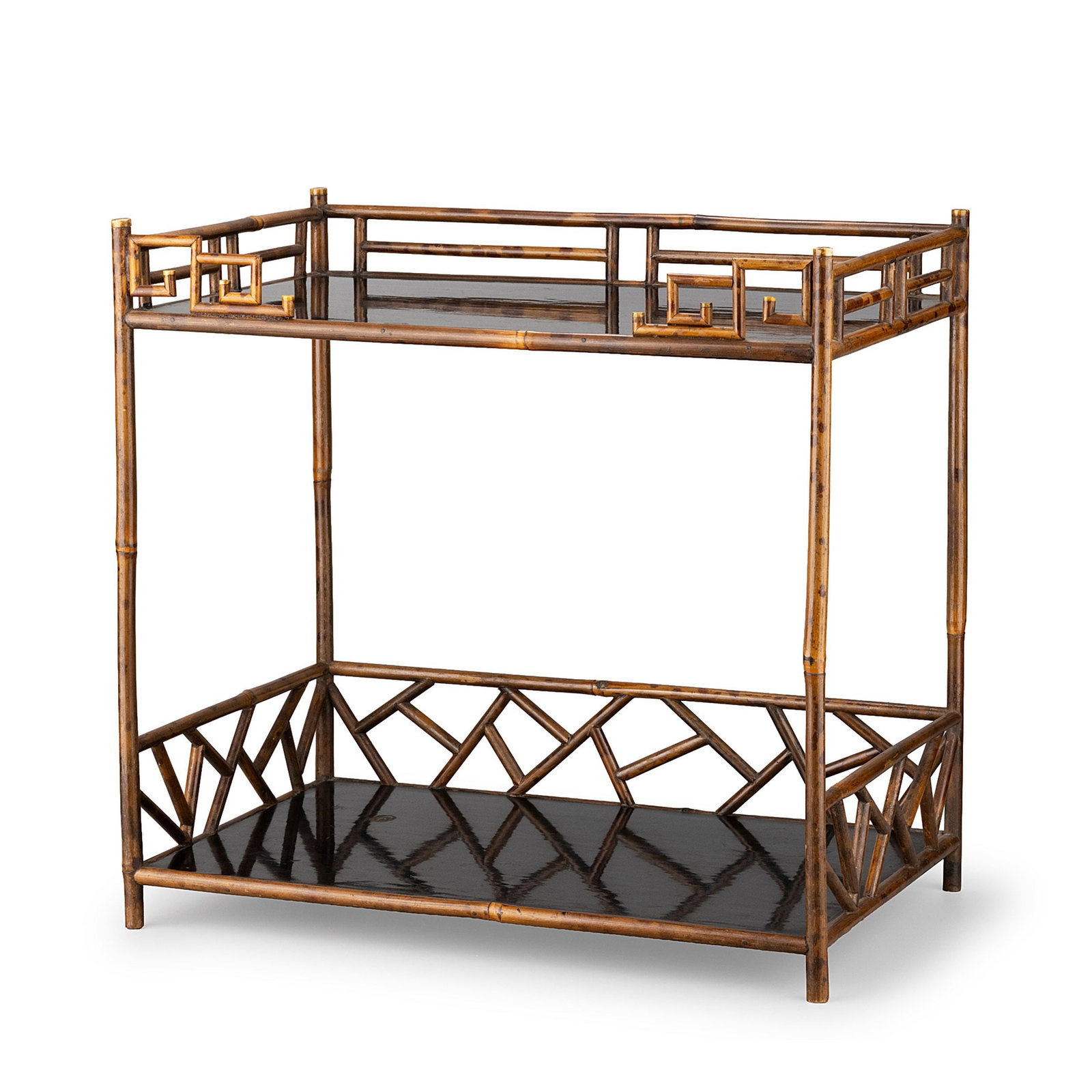 Xiangfei Bamboo Tea Shelf: An elegant two-tier tea shelf crafted from rare Xiangfei bamboo, prized for its naturally mottled surface and refined warm patina. The upper tier is enclosed by an openwork gallery, while the lower ti