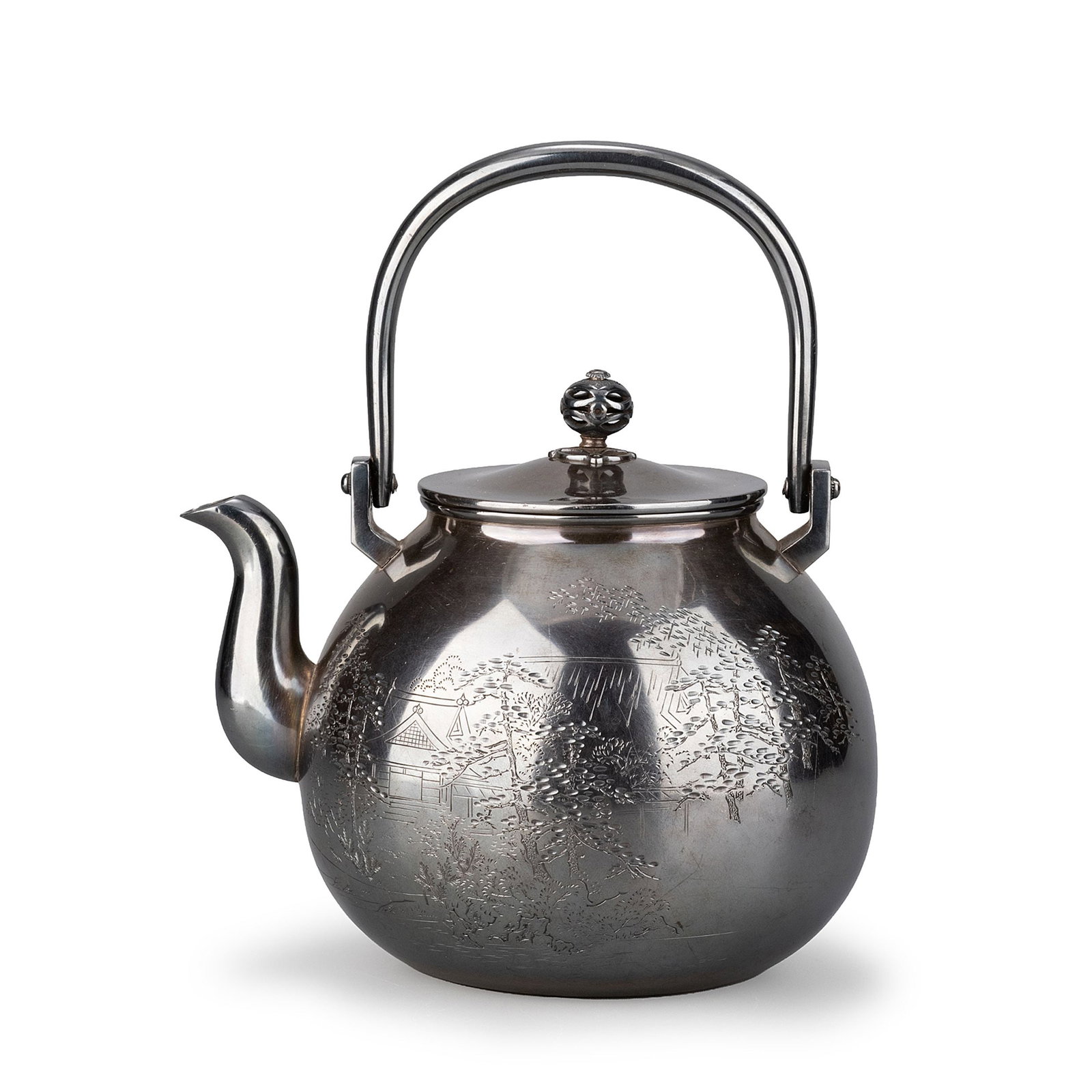 Pure Silver Water Kettle, Signed: Depicting elegant pavilions nestled among pine trees and rolling hills. The composition unfolds continuously across the rounded body, creating a serene scene that reflects the poetic ideals of traditi