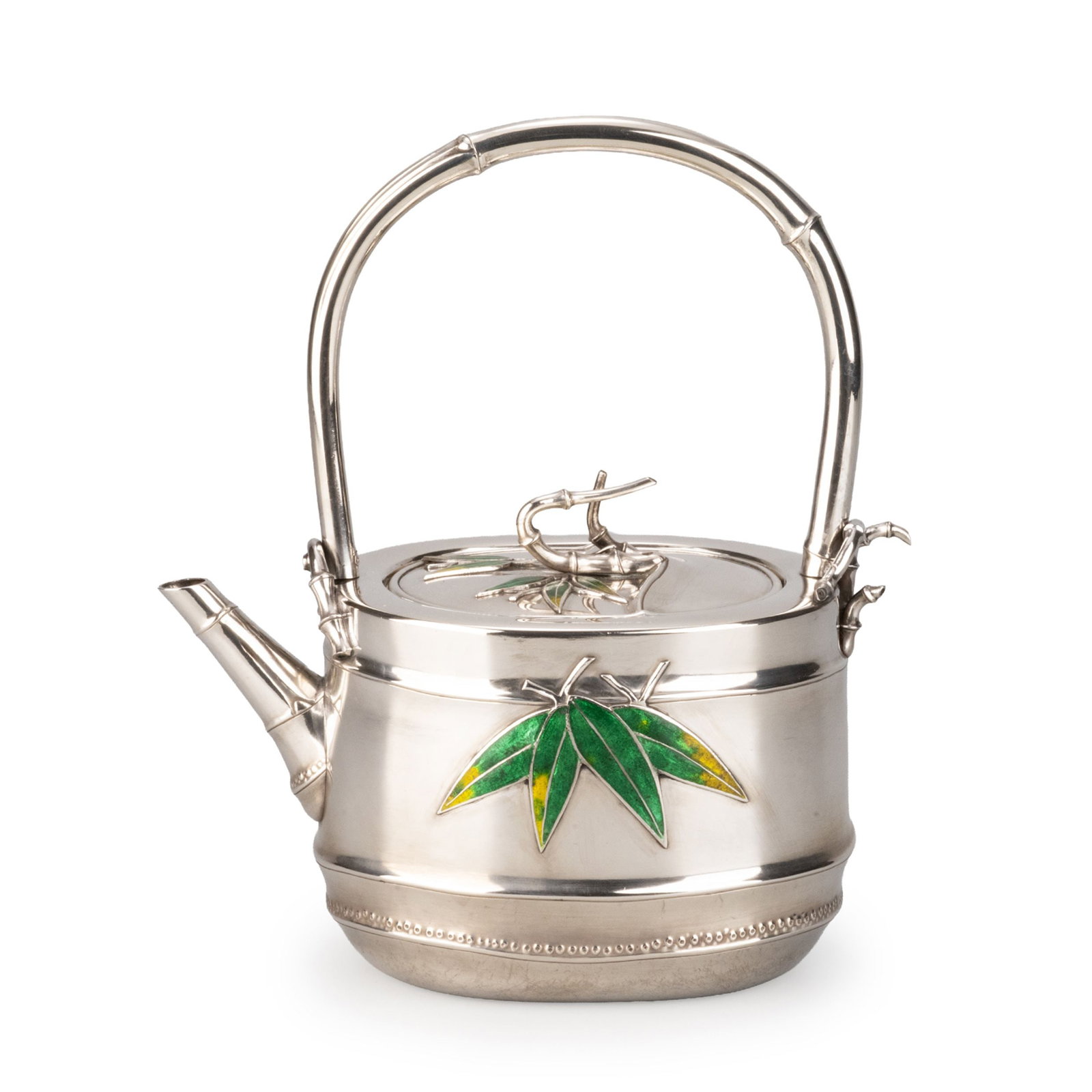 Silver Kettle by Kano Natsuo: This refined silver kettle is fashioned in the form of a bamboo culm, with the handle, spout, and finial all harmoniously incorporating bamboo-inspired motifs. The cylindrical body is further enriched