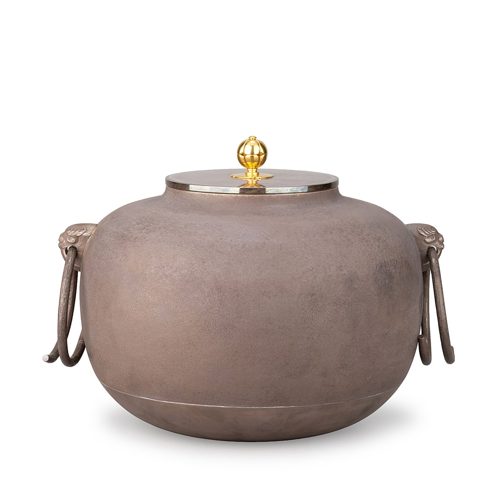 Kama by Seikado with Gold Finial,Certificate: The generously rounded nantetsu [pure silver] body is gracefully proportioned with a low, open rim, creating a balanced and dignified silhouette. The softly lustrous silver surface is left largely una