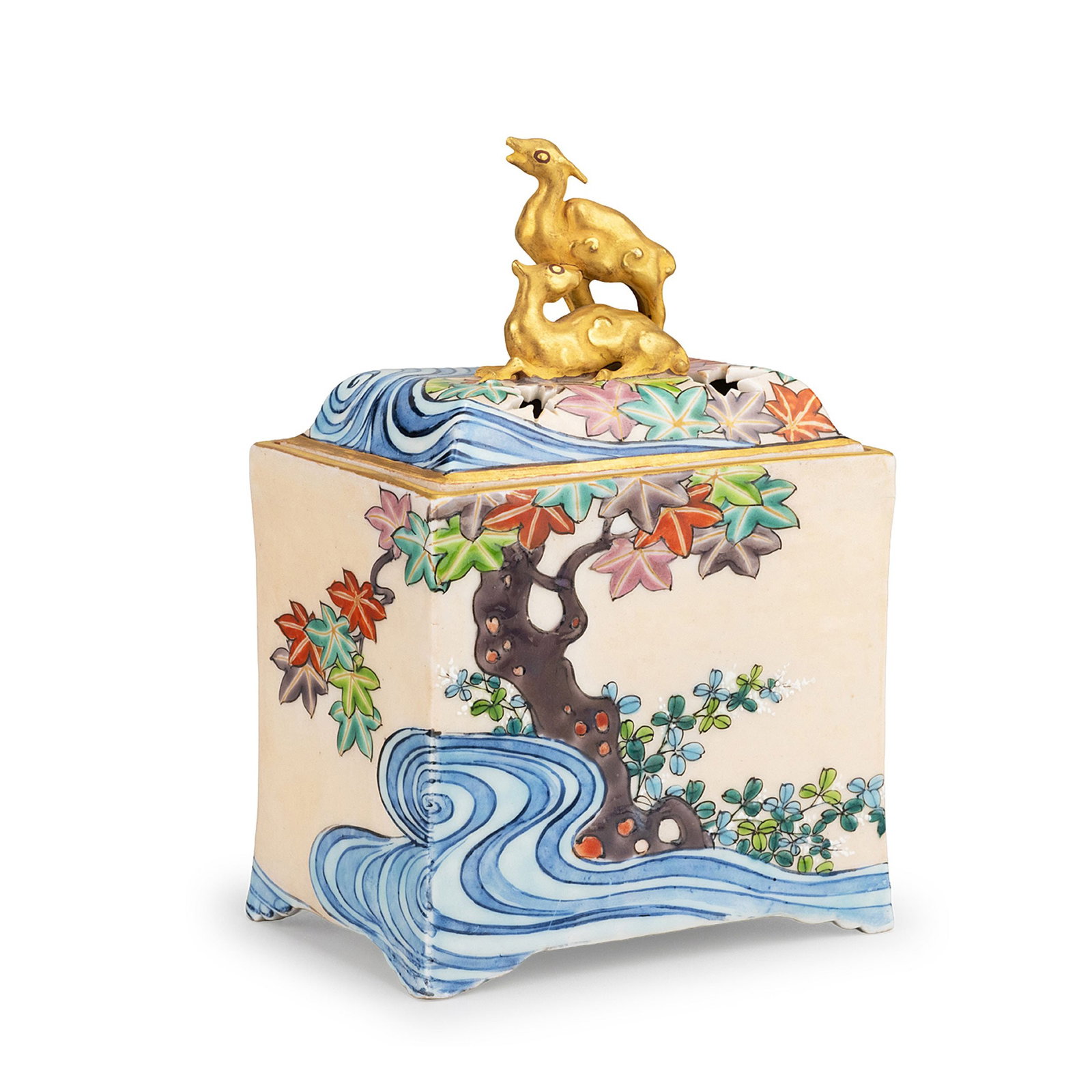 Incense Burner by Ishino Ryuzan, Tomobako: The gently domed cover is surmounted by a pair of gilt deer finials, symbols of longevity and auspiciousness in Japanese art. The body is beautifully decorated in the traditional Kutani overglaze enam