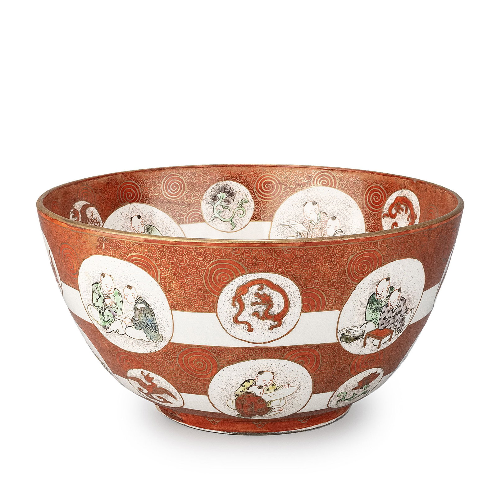 Bowl by Yamada Kuroku: Featuring a vivid red enamel ground enriched with intricate spiral patterns. Circular cartouches are arranged across the surface, each depicting charming scenes of children at play alongside auspiciou