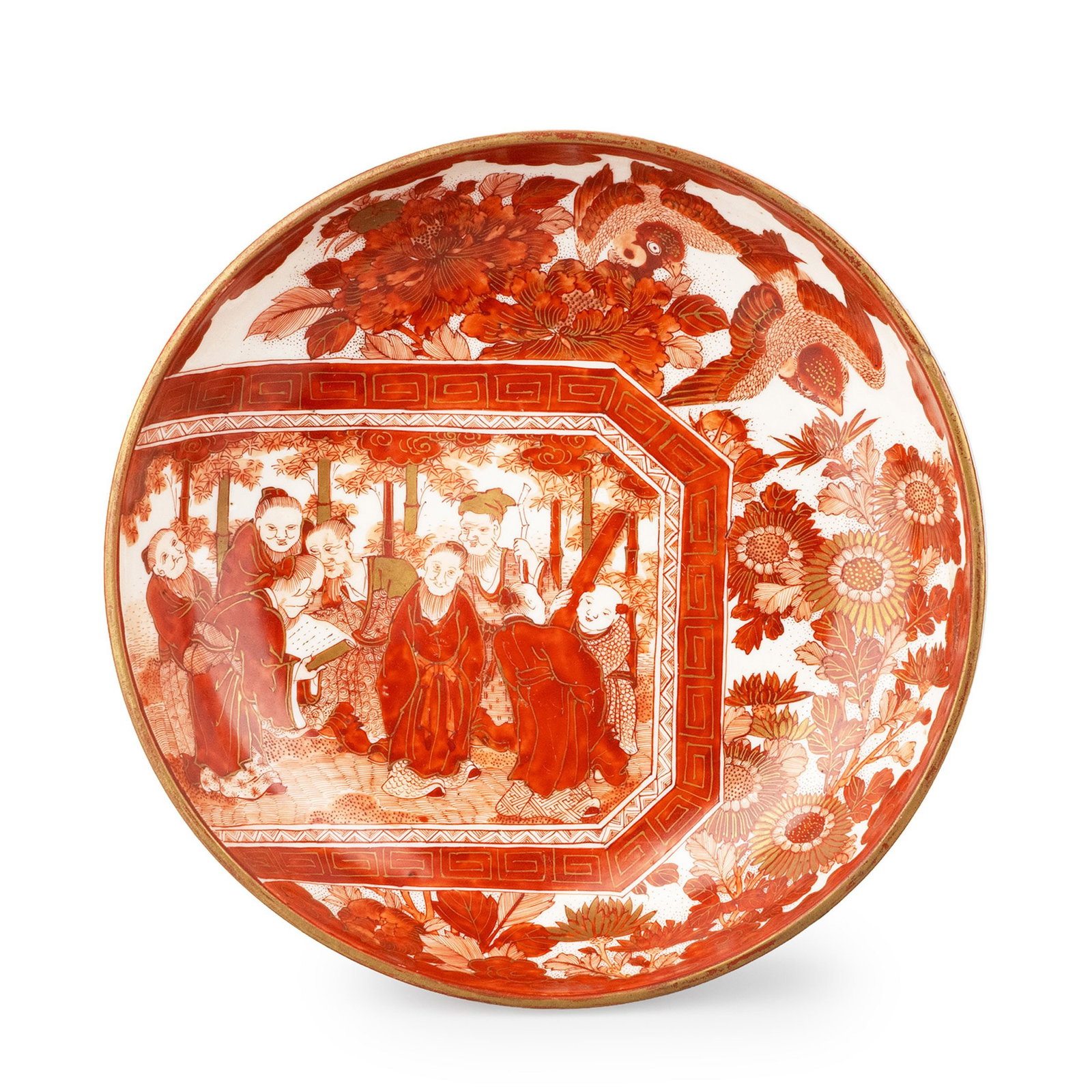 Bowl by Tanda Kyokuzan: This is a Kutani red-enamel sweet bowl by Toda Kyokuzan, featuring a refined shallow form. The interior center is decorated with a scene of the [Seven Sages of the Bamboo Grove], rendered with gentle 