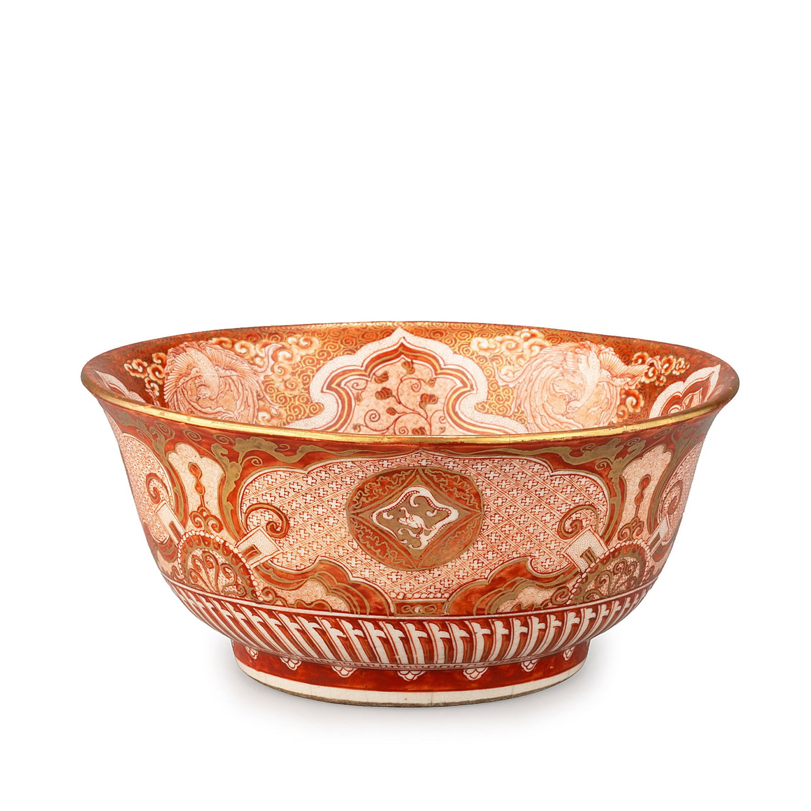Bowl by Utsumi Kichizo: This impressive Kutani ware bowl by Utsumi Kichizo is richly decorated in traditional akae [iron-red], polychrome enamels, and gilt. The generously flared form is covered with an elaborate arrangement