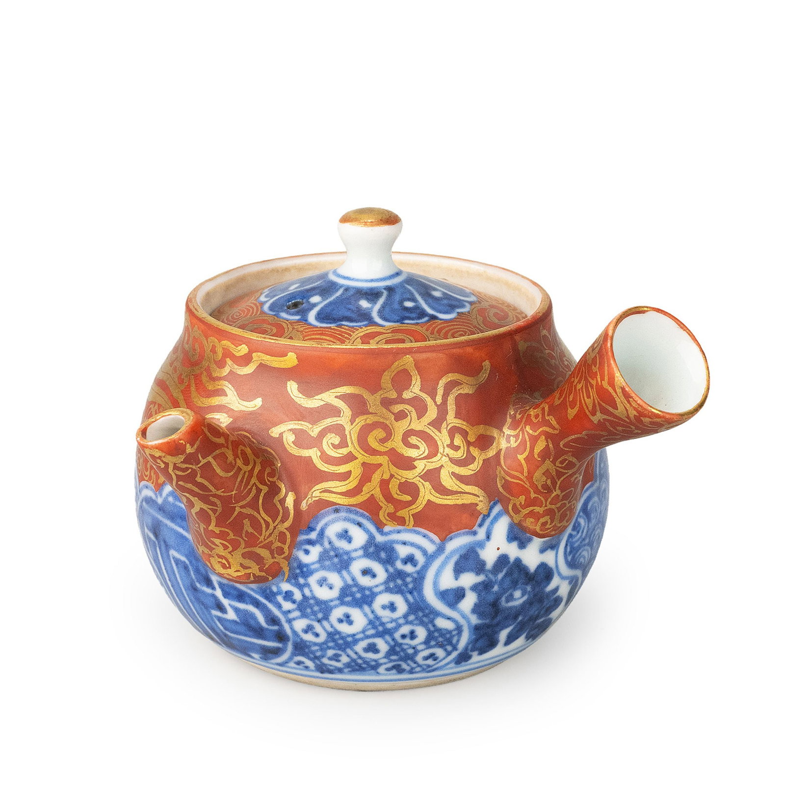 Kyusu by Wake Kitei: Executed in the kinrande style with Shonzui-inspired ornamentation. The compressed globular body is fitted with a lateral handle and gently flaring spout, creating a balanced and elegant silhouette ch
