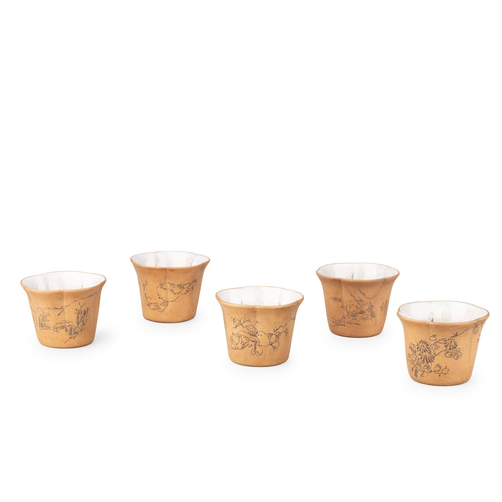 Set of Five Red Clay Tea Bowls by Wu Desheng: This elegant set of five Yixing red clay tea cups was produced by Wu Desheng and finely decorated using the traditional qitao carving technique. Their gently flared, plum blossom-inspired form combine