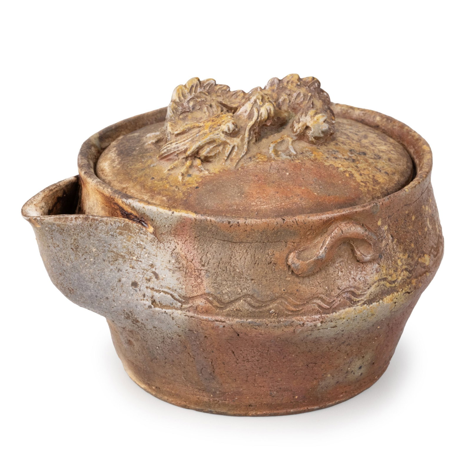 Bizen Hohin by Oae Jindo, Tomobako: Showcasing the rustic beauty of traditional Bizen ceramics. Thrown without glaze, the vessel displays rich natural firing effects in warm reddish-brown and ash-gray tones developed entirely through wo