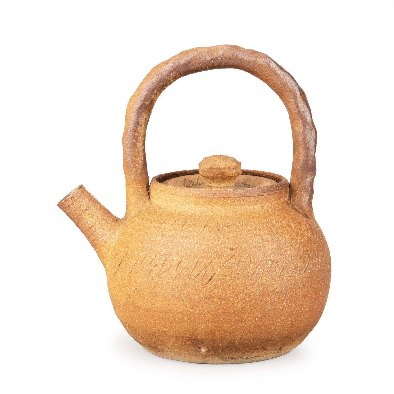 Kettle by Kiyomizu Rokubei, Tomobako: Inspired by the forms of ancient earthenware vessels, this ceramic kettle displays a robust yet elegant silhouette with an integrated loop handle, a gently curved spout, and a fitted cover surmounted 