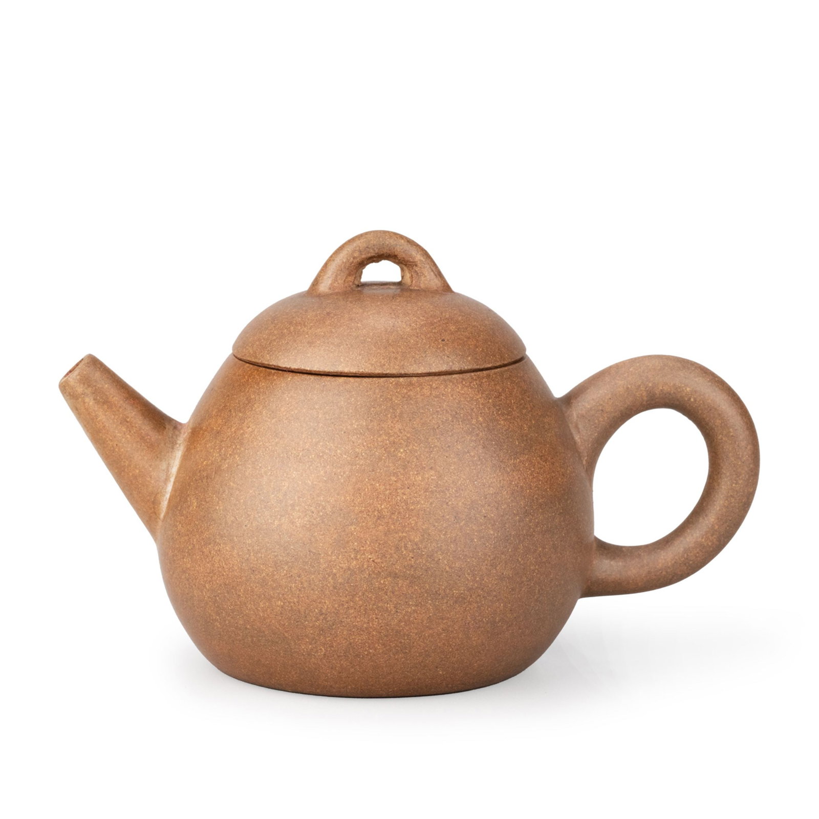 Red Clay Kyusu: Of rounded globular form, this red clay kyusu is distinguished by its restrained elegance and harmonious proportions. The gently curved body is paired with a short spout, a rounded loop handle, and a 