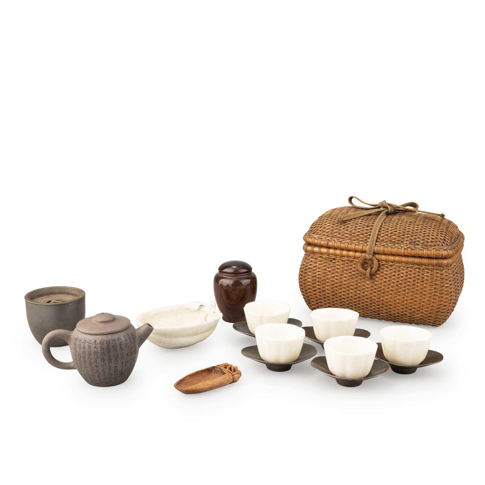 Sencha Tea Set: This comprehensive set of sencha tea utensils comprises a woven bamboo carrying basket, side-handled teapot, tea pot, teacups with saucers, tea caddy, waste-water vessel, tea rinsing bowl, bamboo tea 